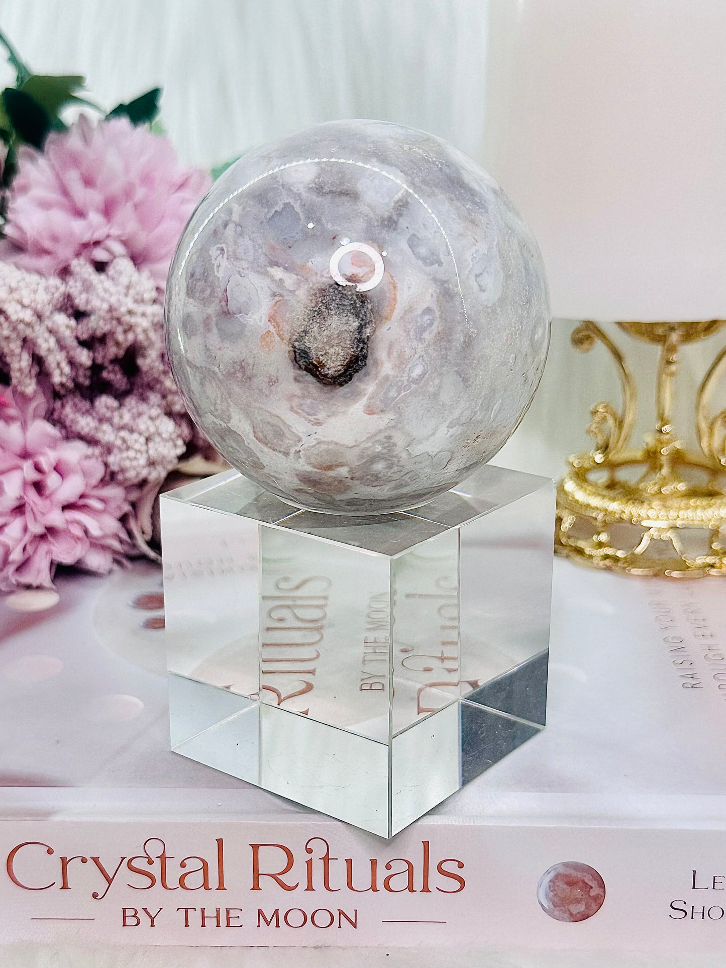 Pink Amethyst Druzy Sphere on Stand 381Grams From Brazil (Glass stand in pic is display only)