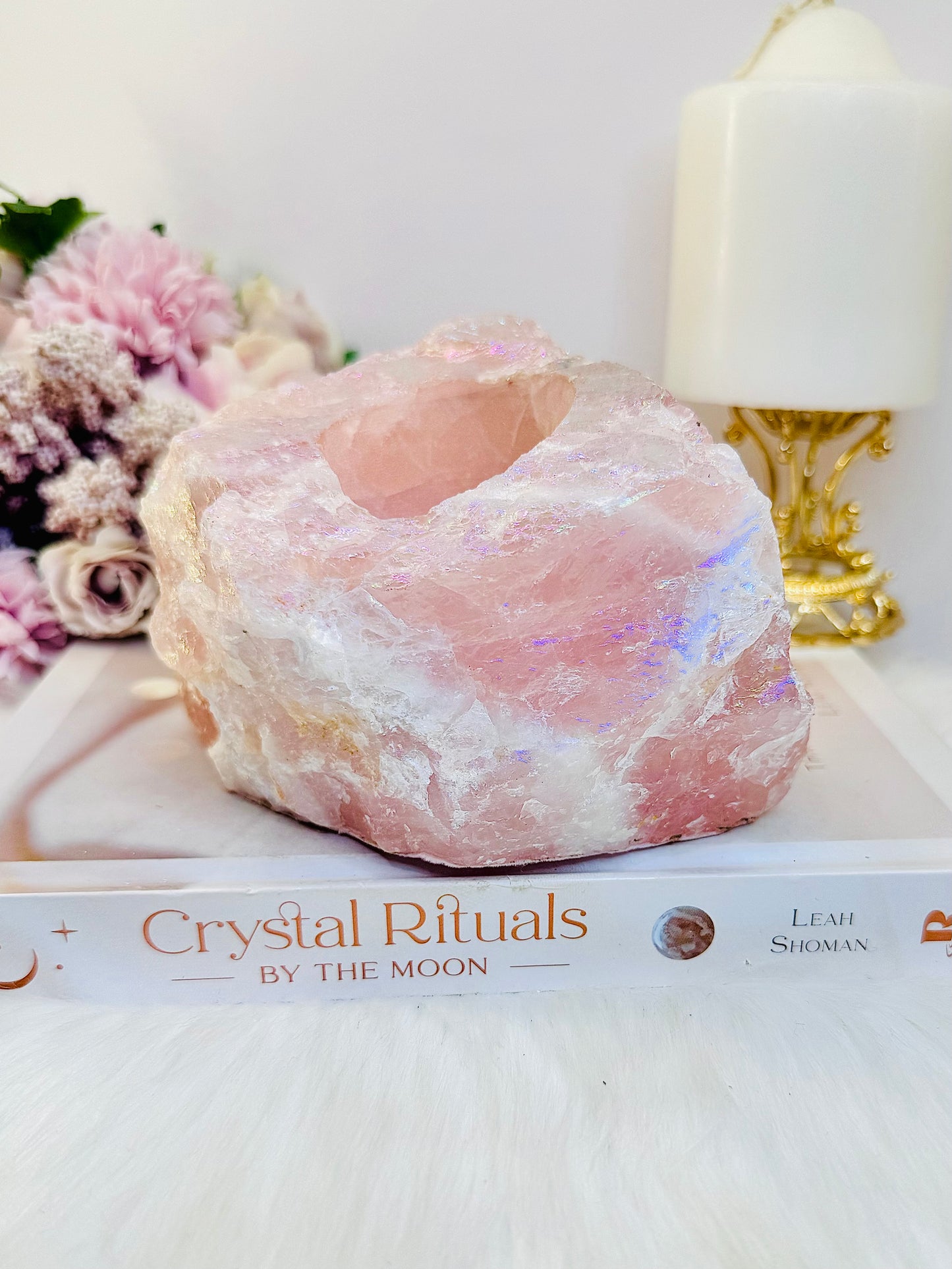 So Pretty!!!! Large Chunky 1.2KG 14cm Angel Aura Rose Quartz Candle Holder