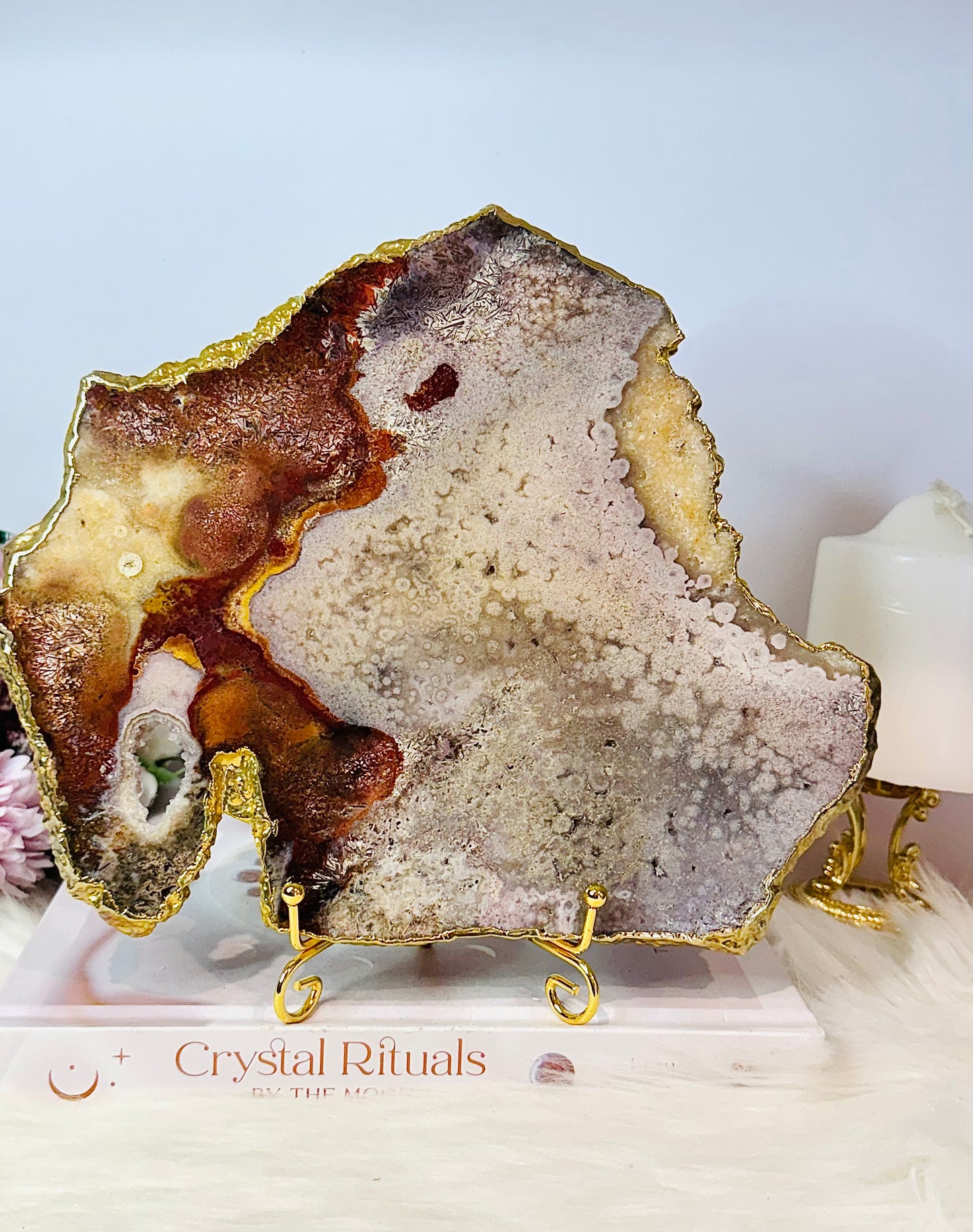 A Collectors Piece ~ High Grade Natural Pink Amethyst Druzy Slice | Slab with Gold Plating on Gold Stand 496g