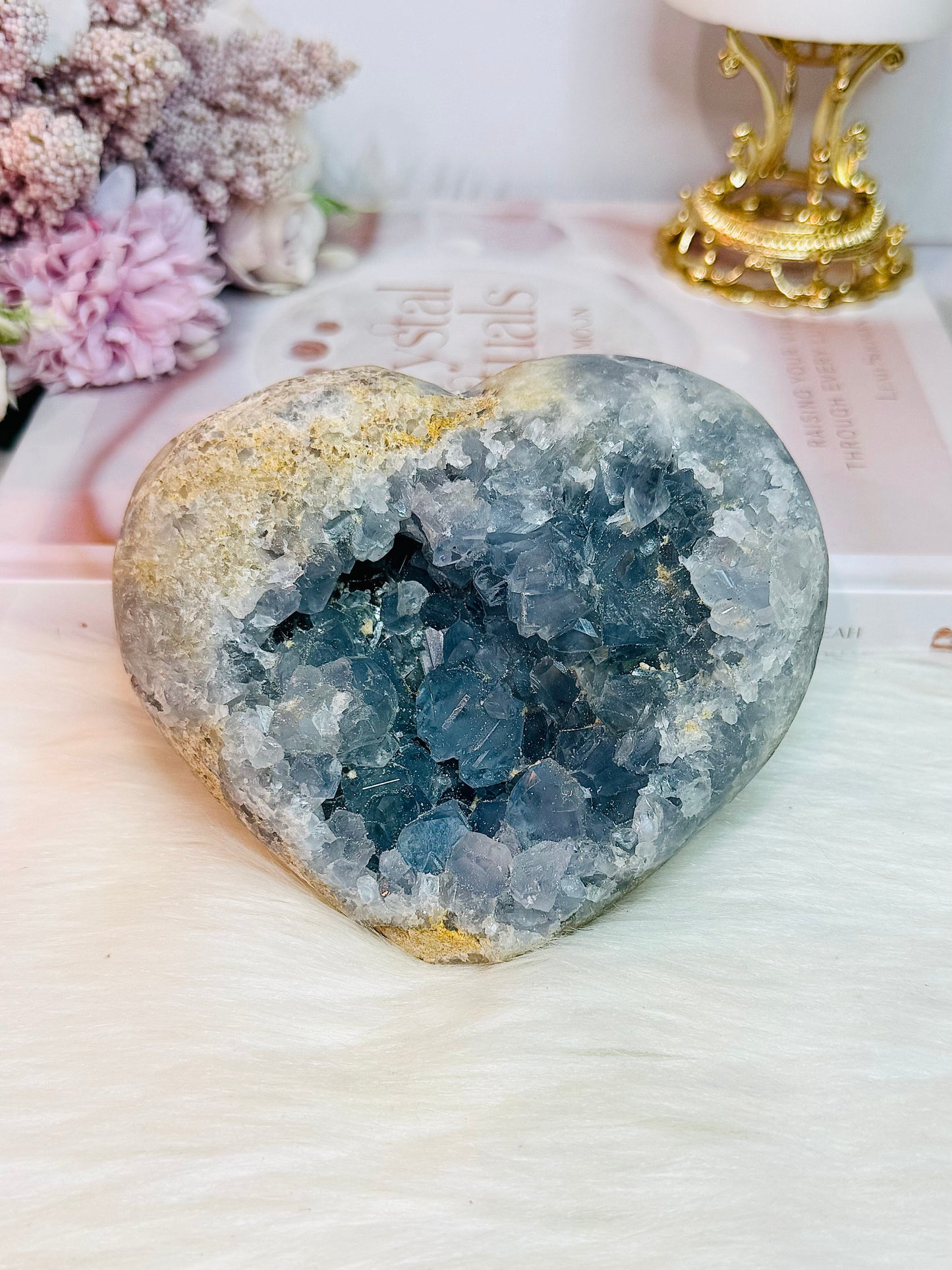 Stunning Large 1.3KG Natural Blue Celestite Cluster Carved Heart