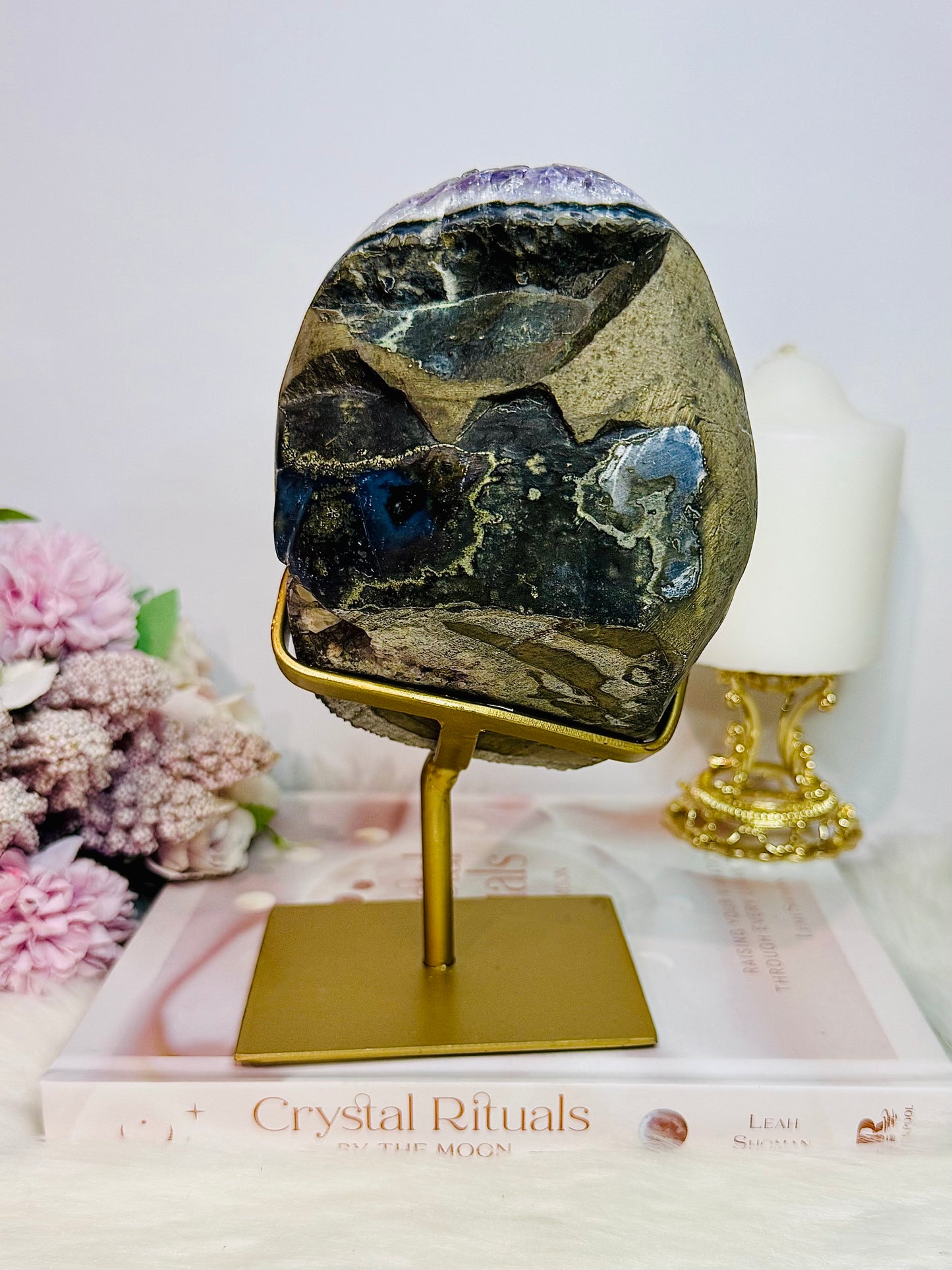 Huge Stunning High Grade Deep Purple Amethyst Cluster with Calcite Inclusion On Gold Stand 21cm 1.5KG