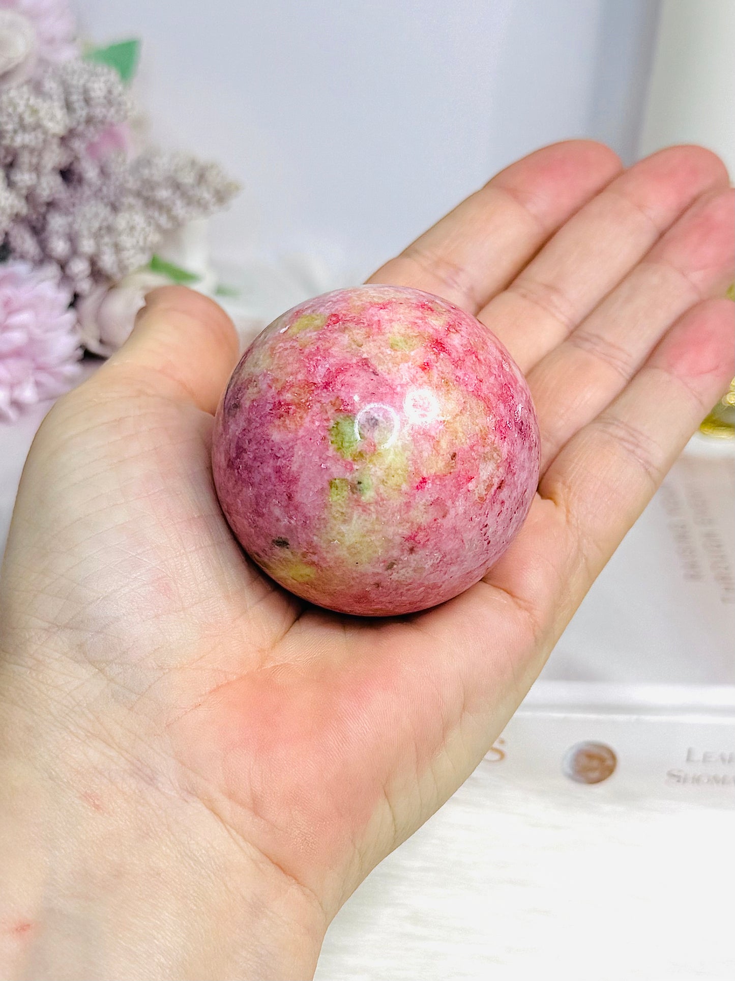 Thulite Sphere with Epidote 199g On Stand