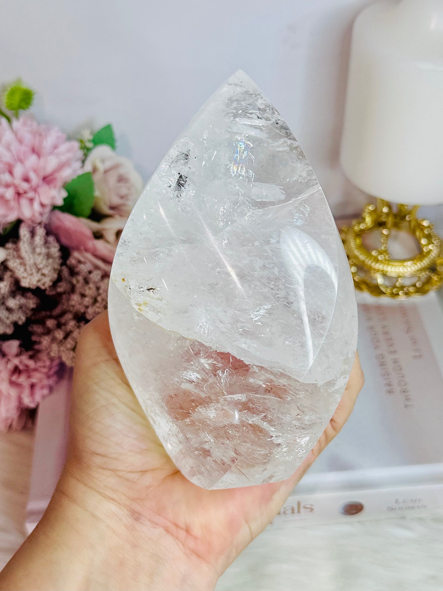 Absolutely Stunning High Grade Large Clear Quartz Carved Flame | Freeform with Rainbows From Brazil 677grams