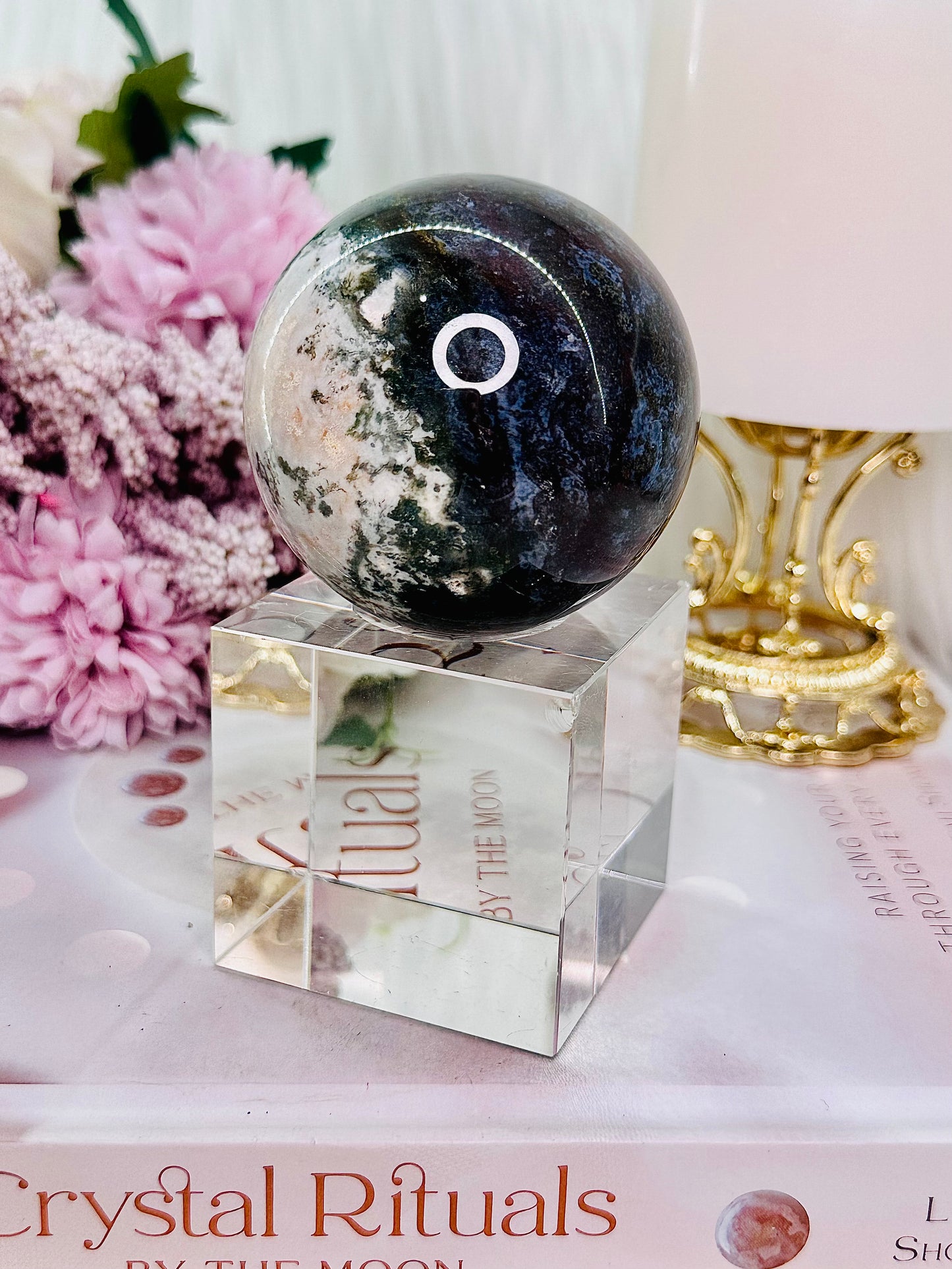 Peace & Tranquility ~ Beautiful Moss Agate Sphere On Stand 291grams (Glass stand in pic is display only)