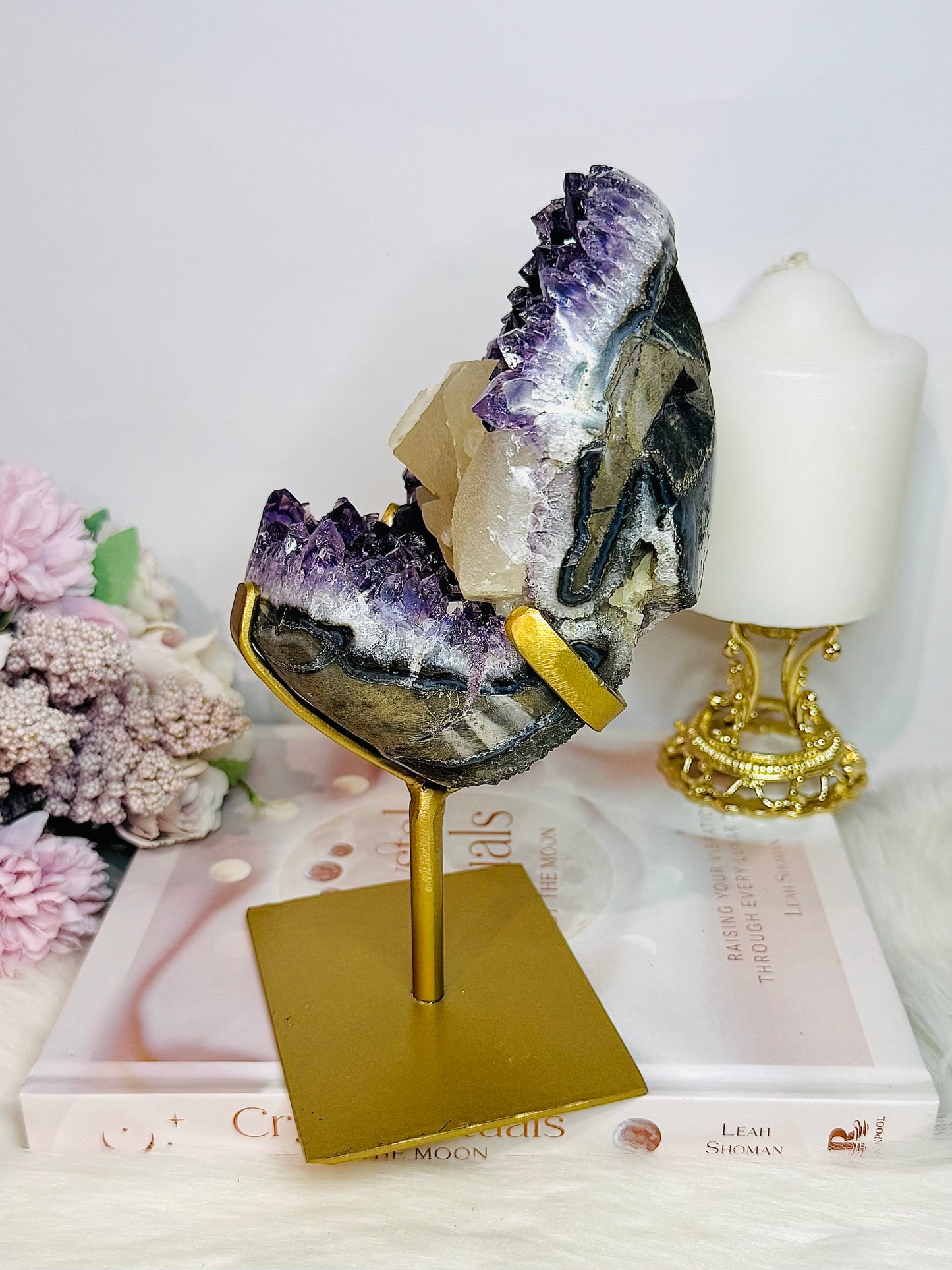Huge Stunning High Grade Deep Purple Amethyst Cluster with Calcite Inclusion On Gold Stand 21cm 1.5KG