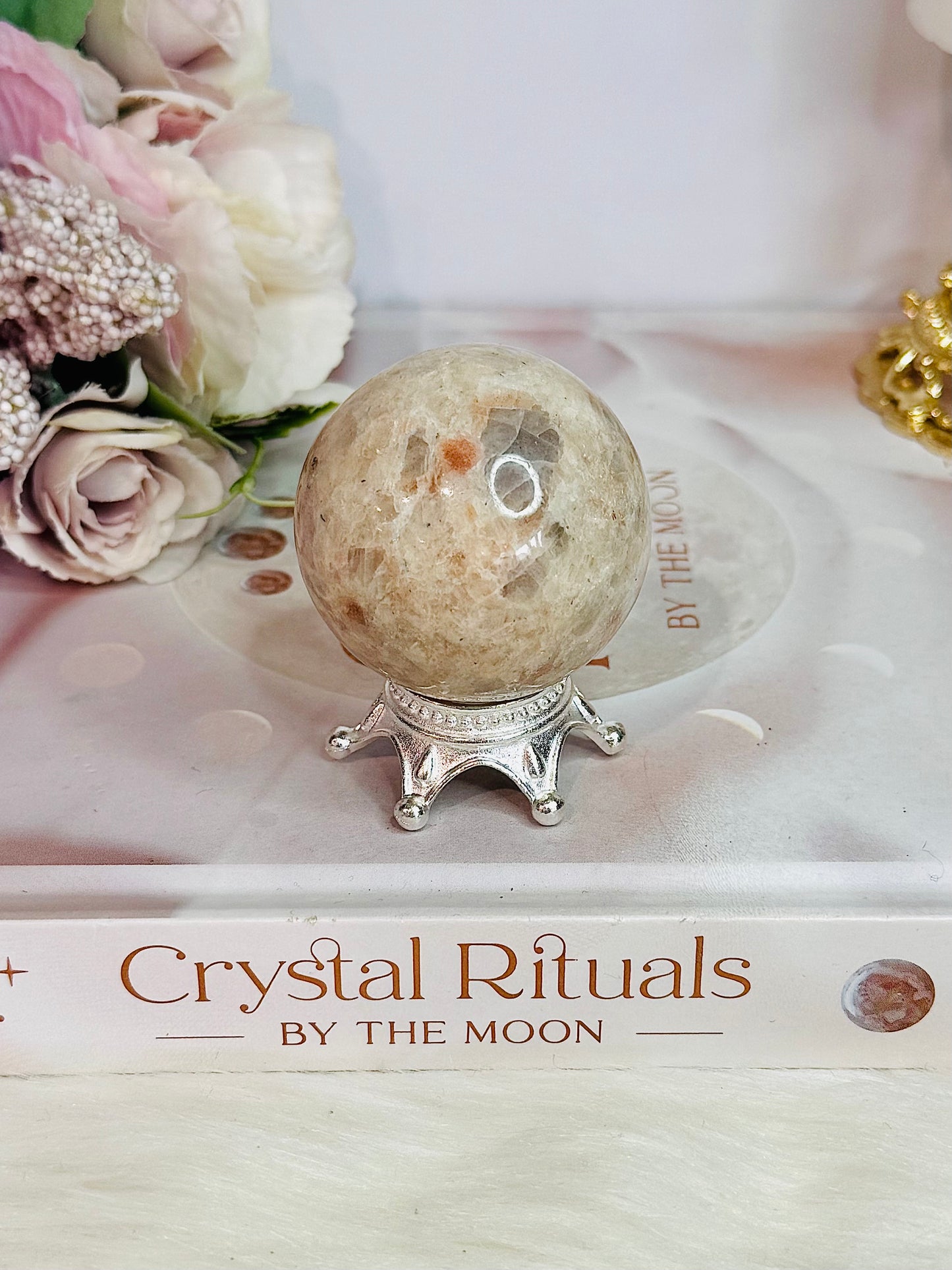 Natural Moonstone with Sunstone Sphere on Stand 126grams