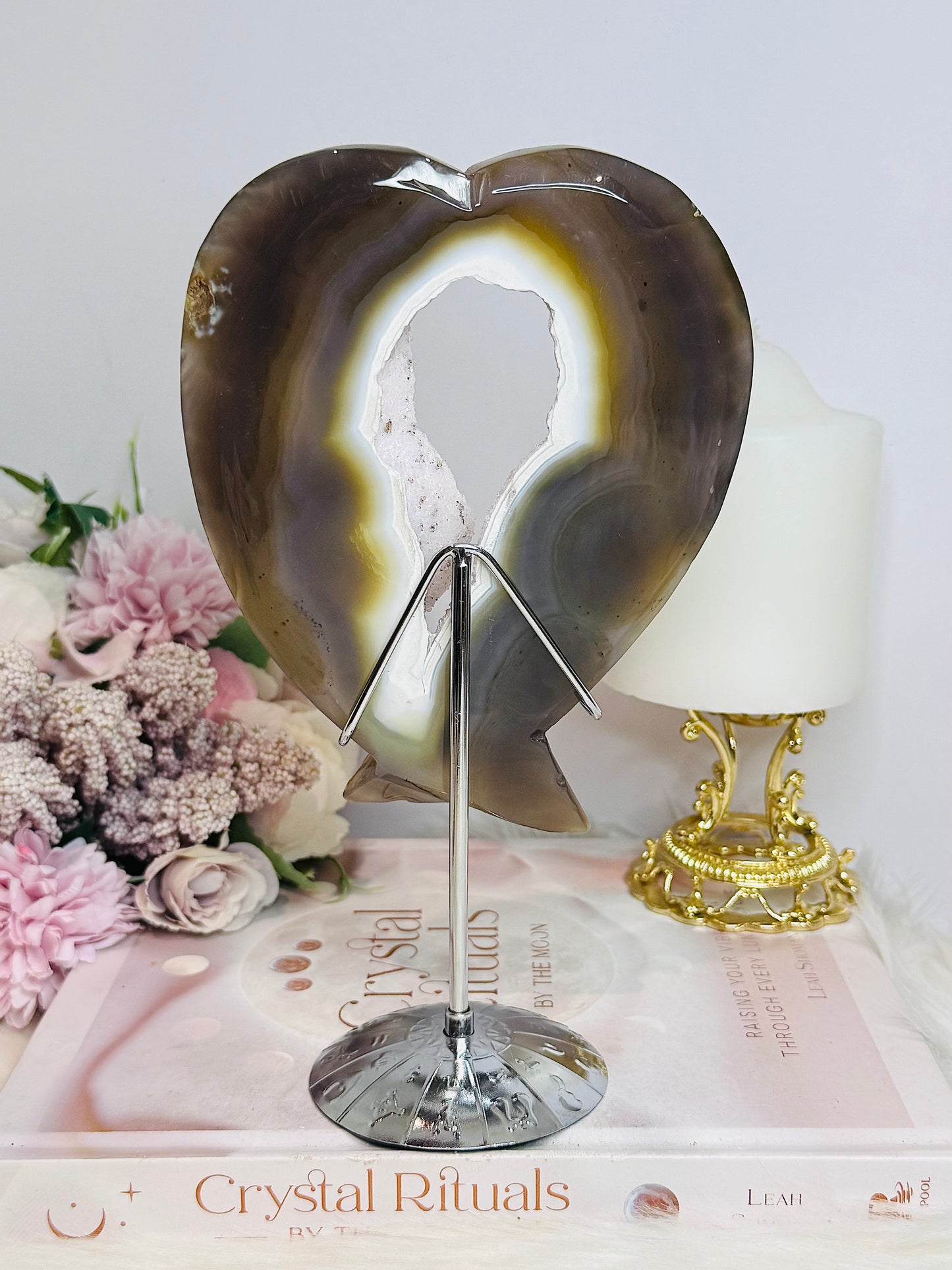 Agate Druzy Carved Heart Wings on Stand 20cm