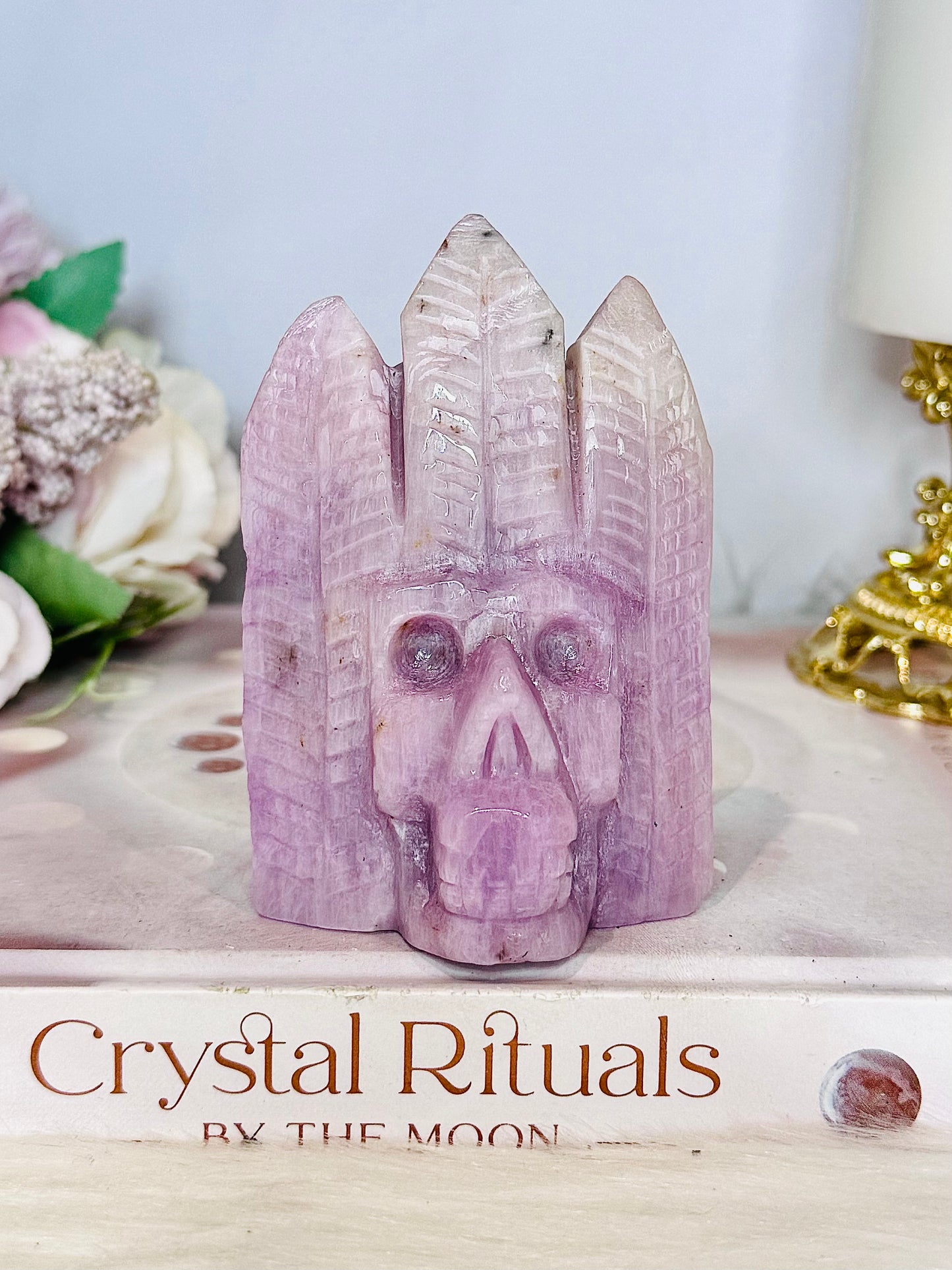 High Grade Kunzite Carved Indian Skull 8cm