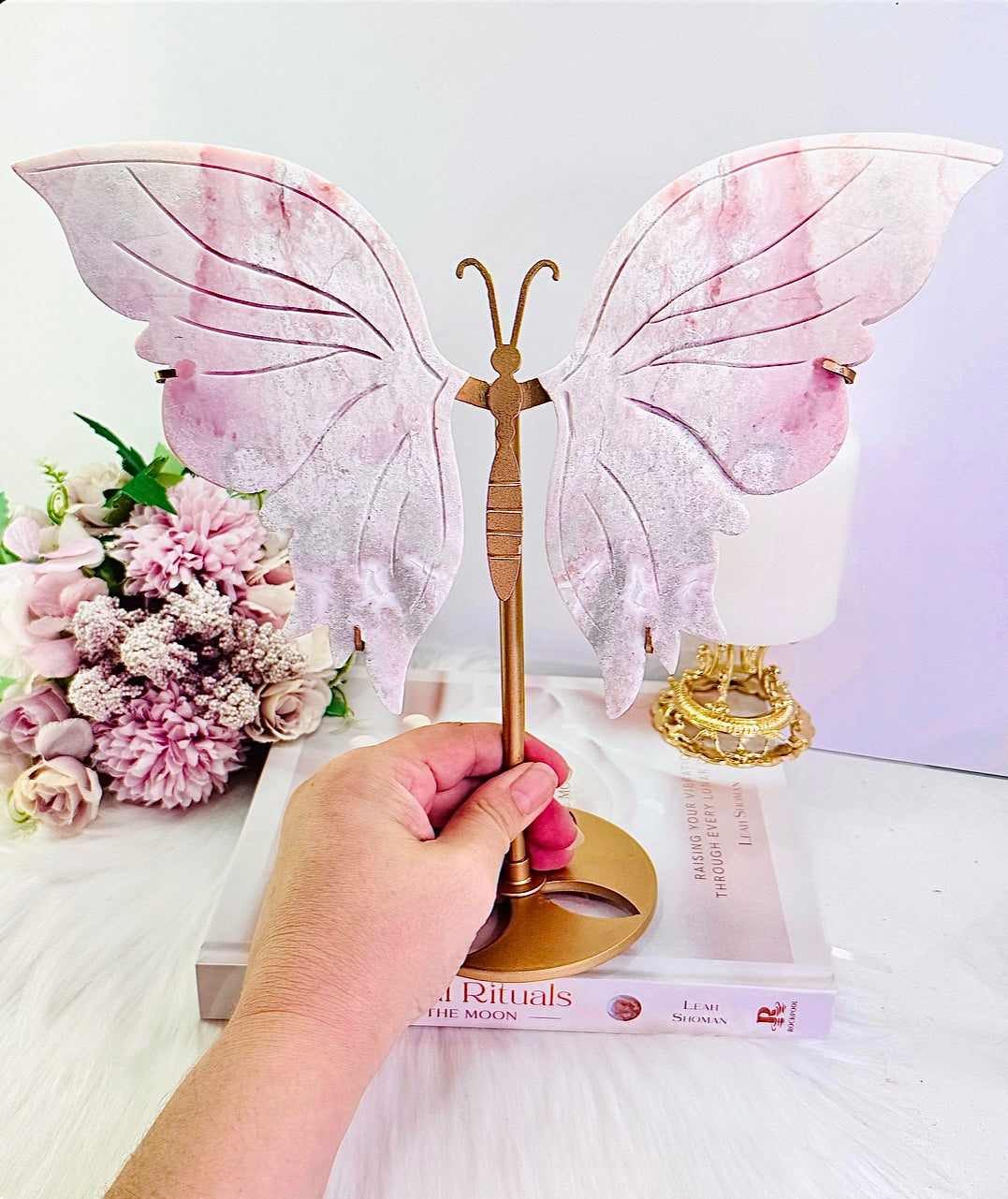 Classy & Truly Fabulous Large 25.5cm Incredible High Grade Pink Opal Carved Butterfly Wings On Gold Stand