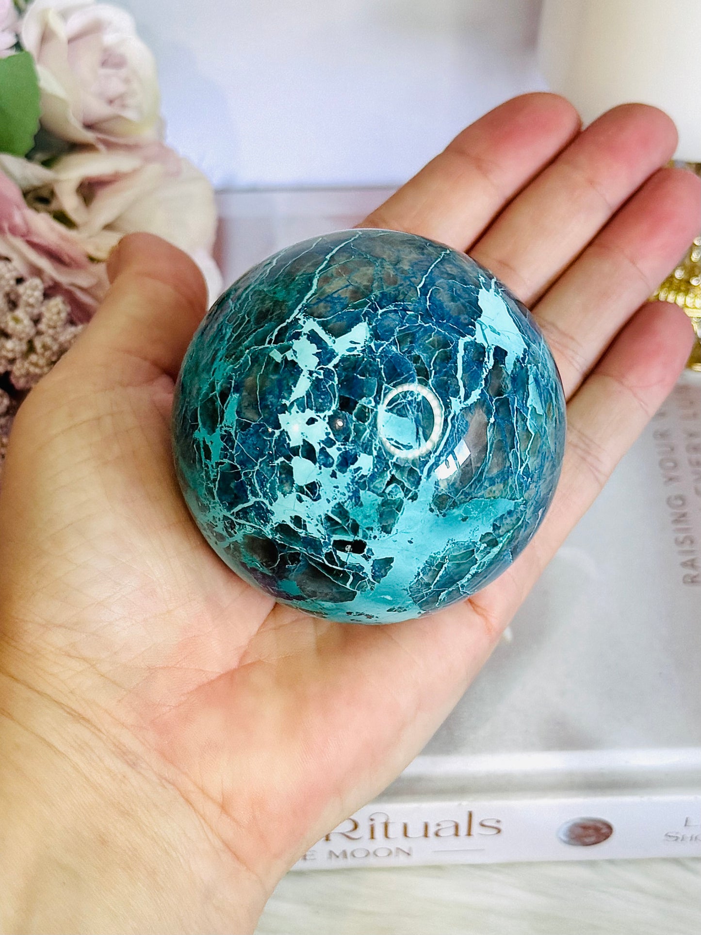 Absolutely Incredible High Grade Chrysocolla Sphere on Stand 399grams