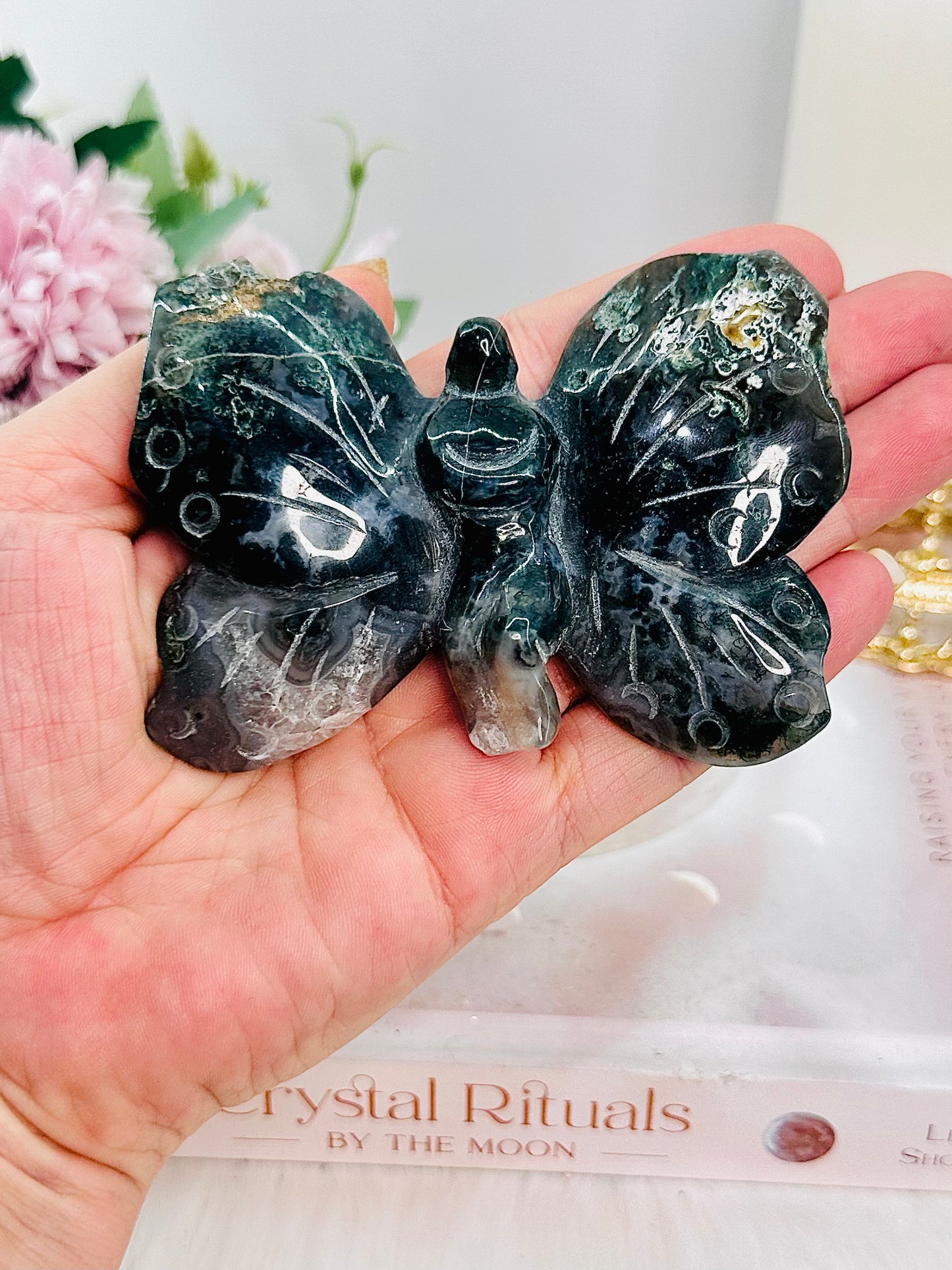 Divine Druzy Moss Agate Fairy Carving On Stand