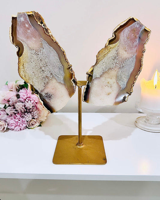 Huge 29.5cm (Inc Stand) Gorgeous Pink Amethyst Agate Wings On Gold Stand From Brazil
