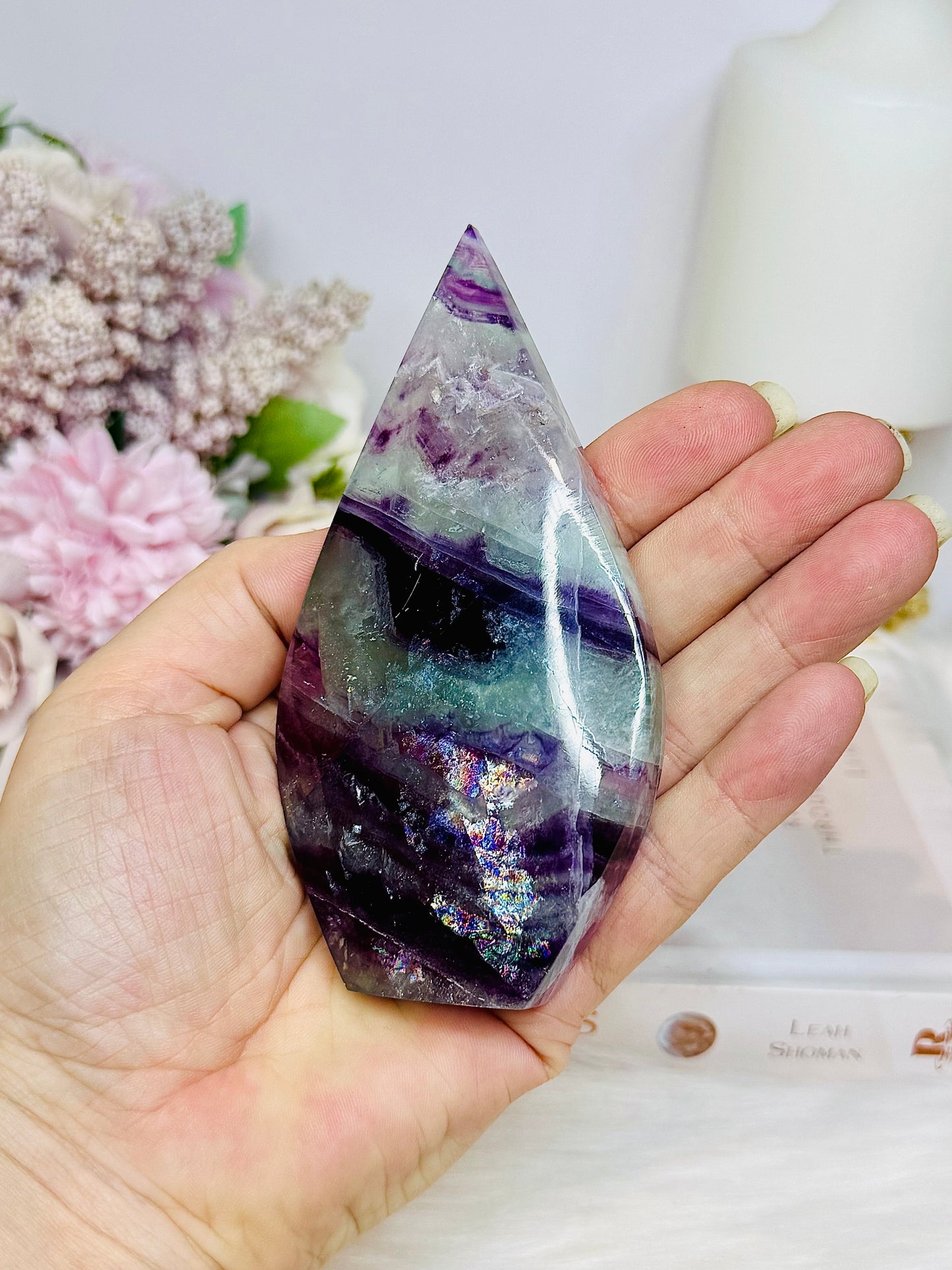 High Grade Large Fluorite Flame with Rainbows 11cm