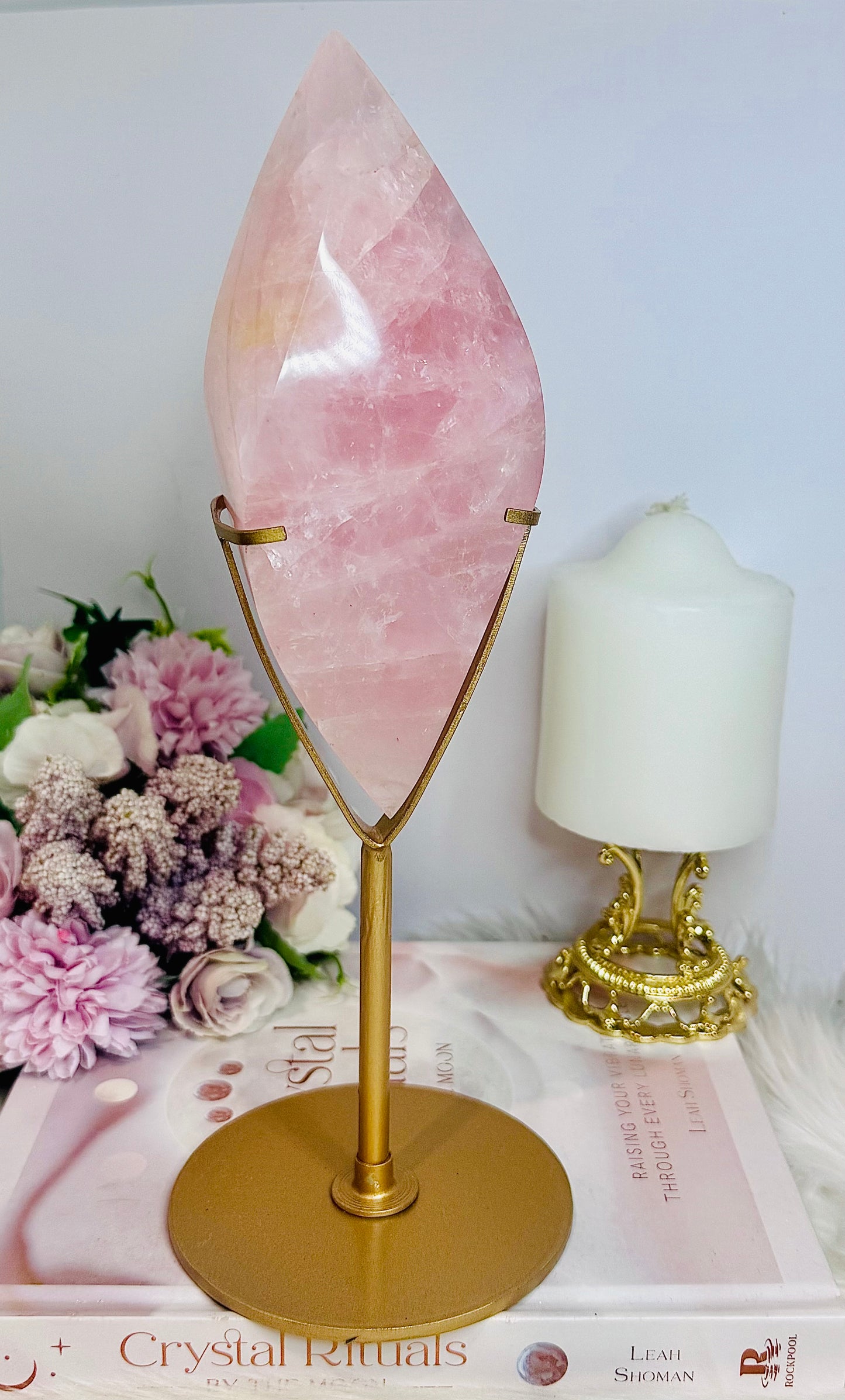 Large Rose Quartz Perfectly Carved Flame On Gold Stand 1.05KG 28cm