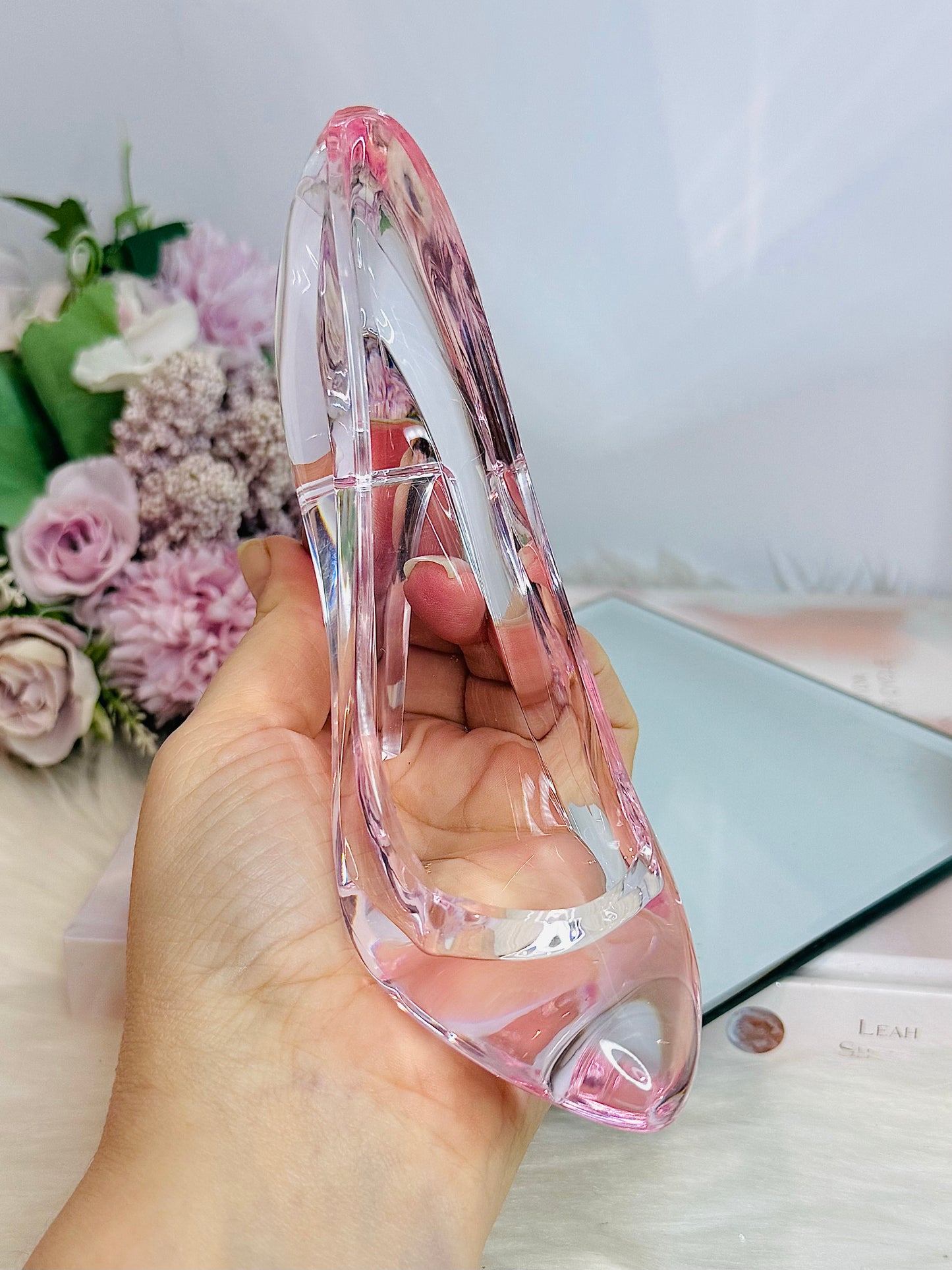 Gift Set ~ Large Mirror Tray 15cm, Large Pink Acrylic Shoe, Clear Quartz Cluster & Fire & Ice Quartz Sphere On Stand