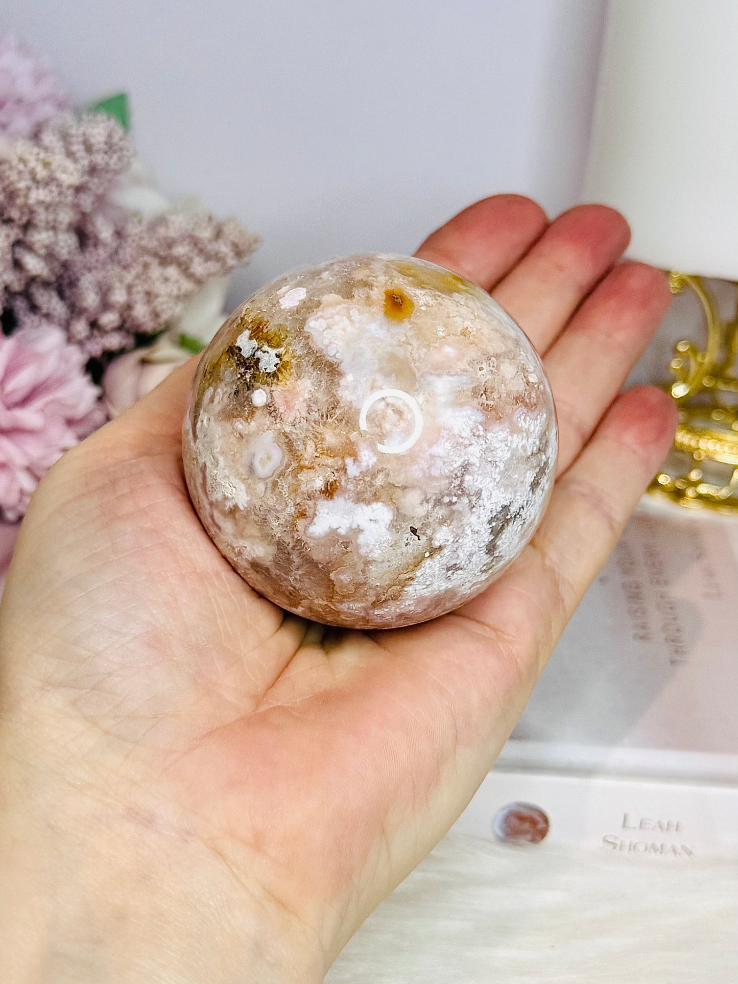 Large Flower Agate Sphere 306g On Glass Stand