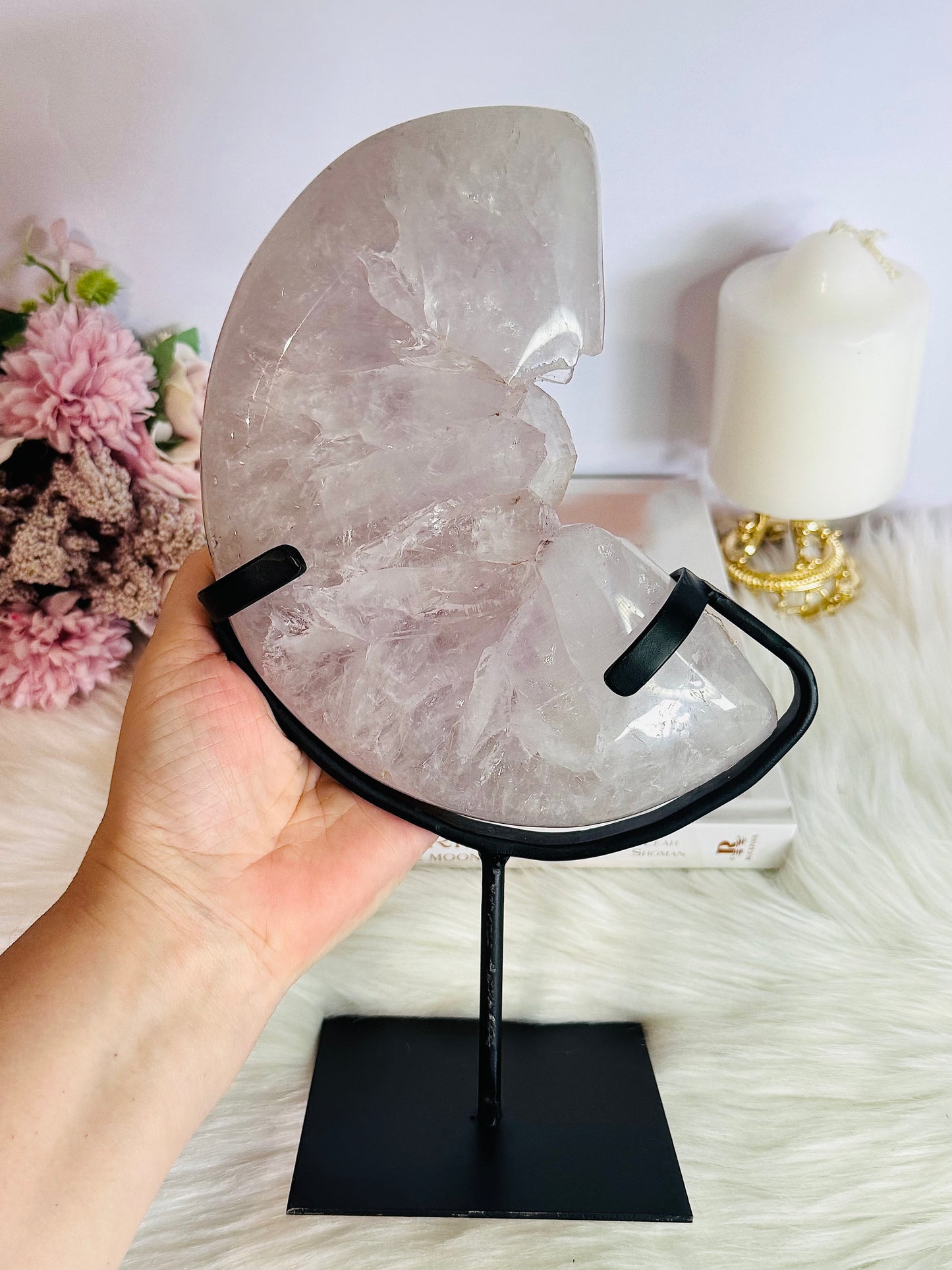 ⚜️ SALE WITH $100 DISCOUNT ⚜️ Huge 1.96KG Amethyst Carved Druzy Moon On Custom Stand From Brazil ~ 25cm (inc stand)