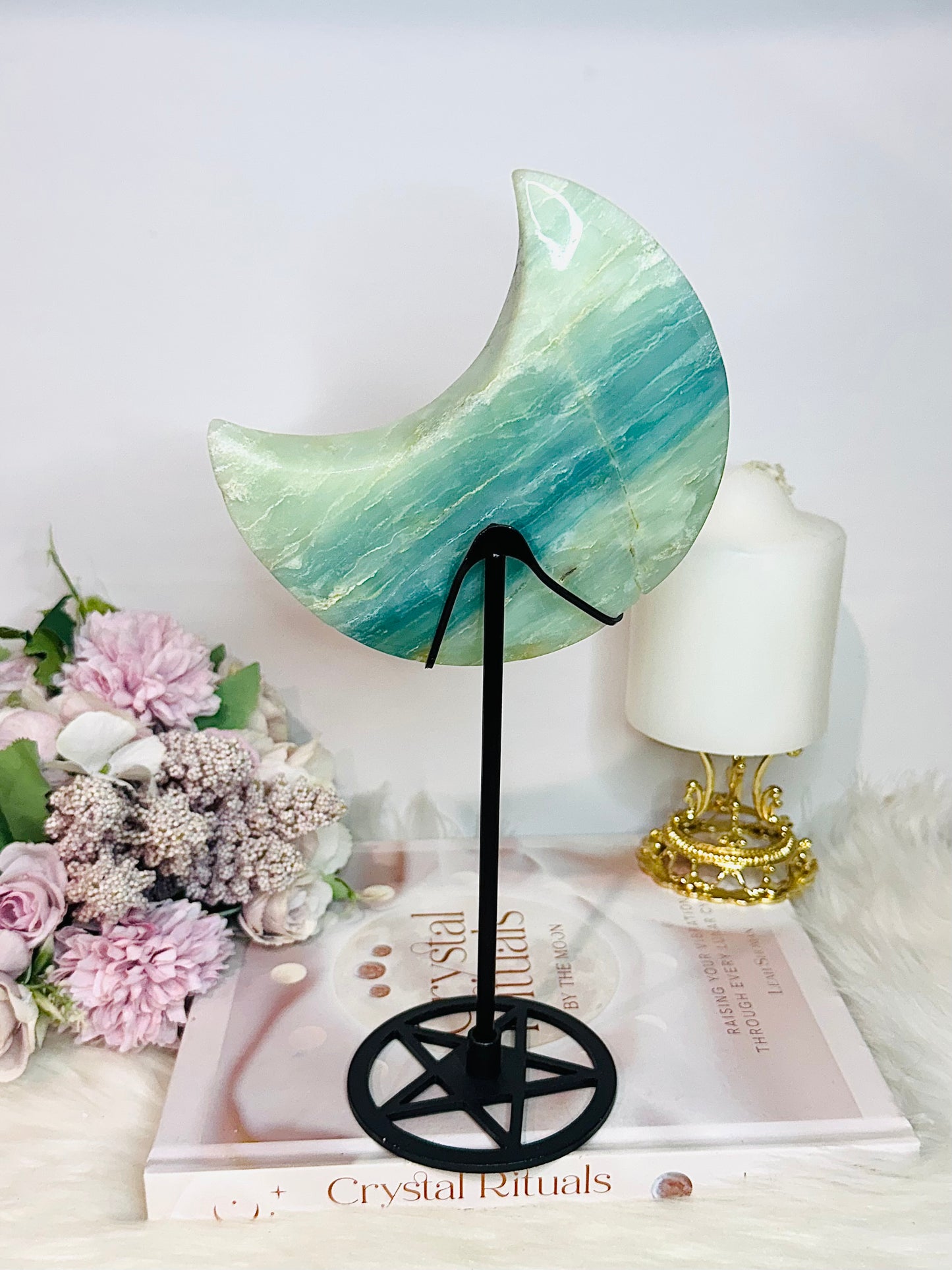 Large Sky Blue Quartz Carved Chunky Moon On Stand 25cm 626grams