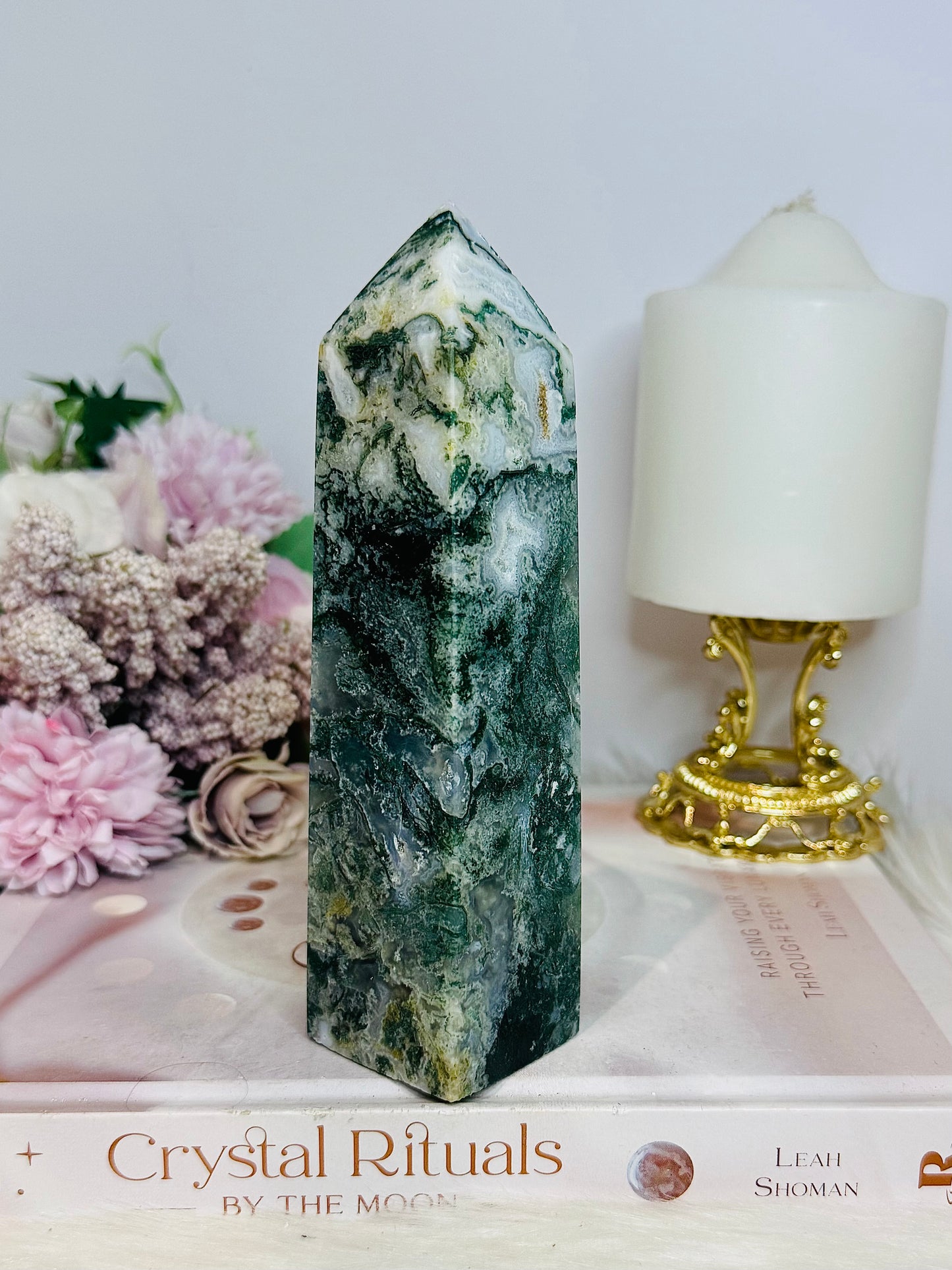 Moss Agate Druzy Tower 15cm 430g