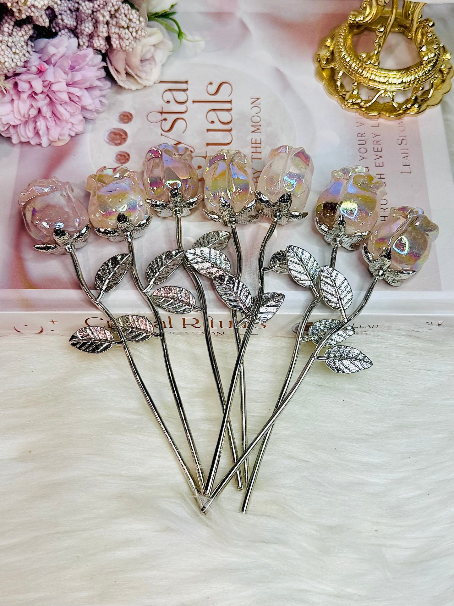 ⚜️ SALE ⚜️ Aura Rose Quartz Carved Forever Rose 15cm with Silver Stem $15 each