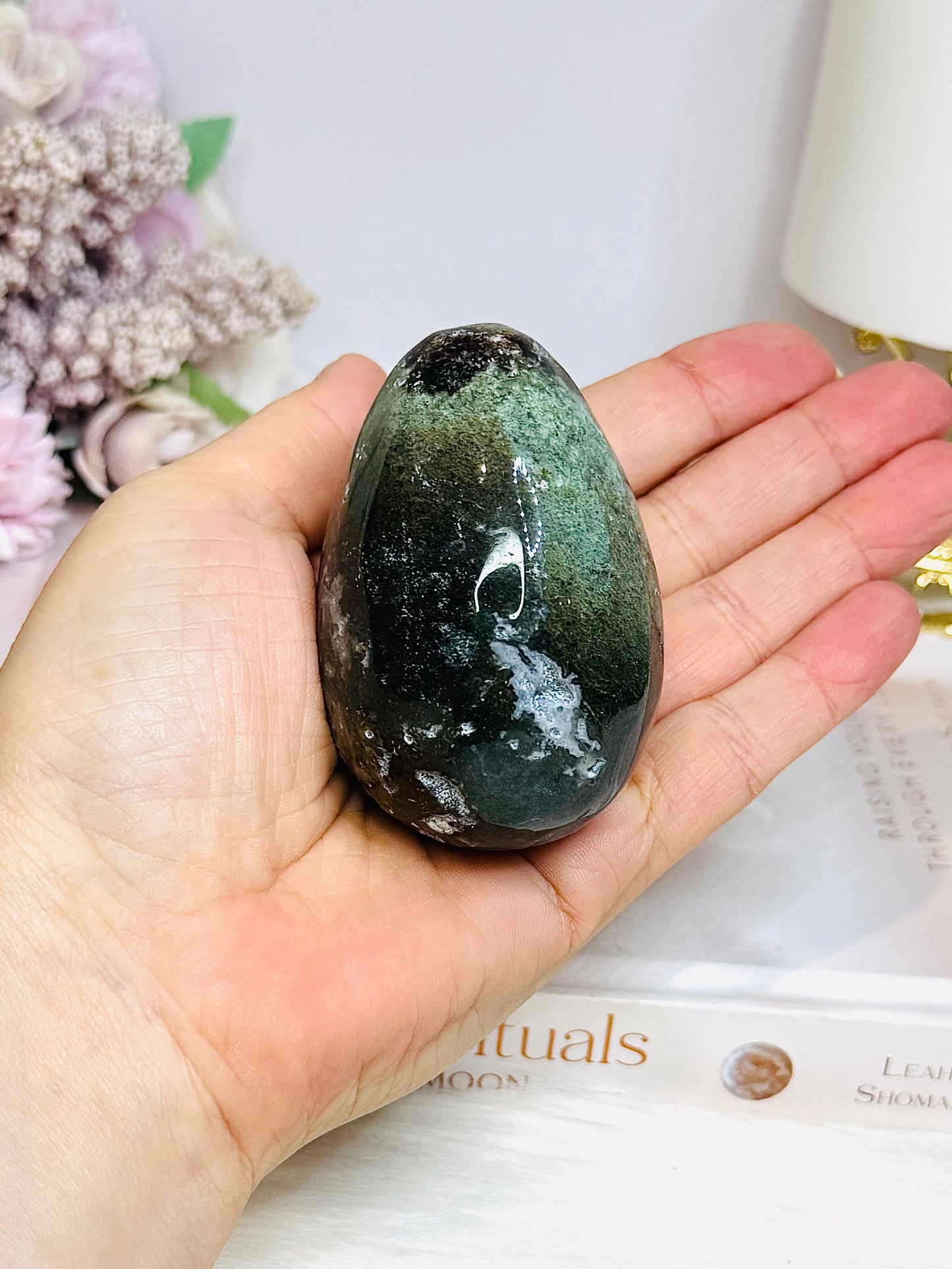 Moss Agate Egg On Stand 7cm