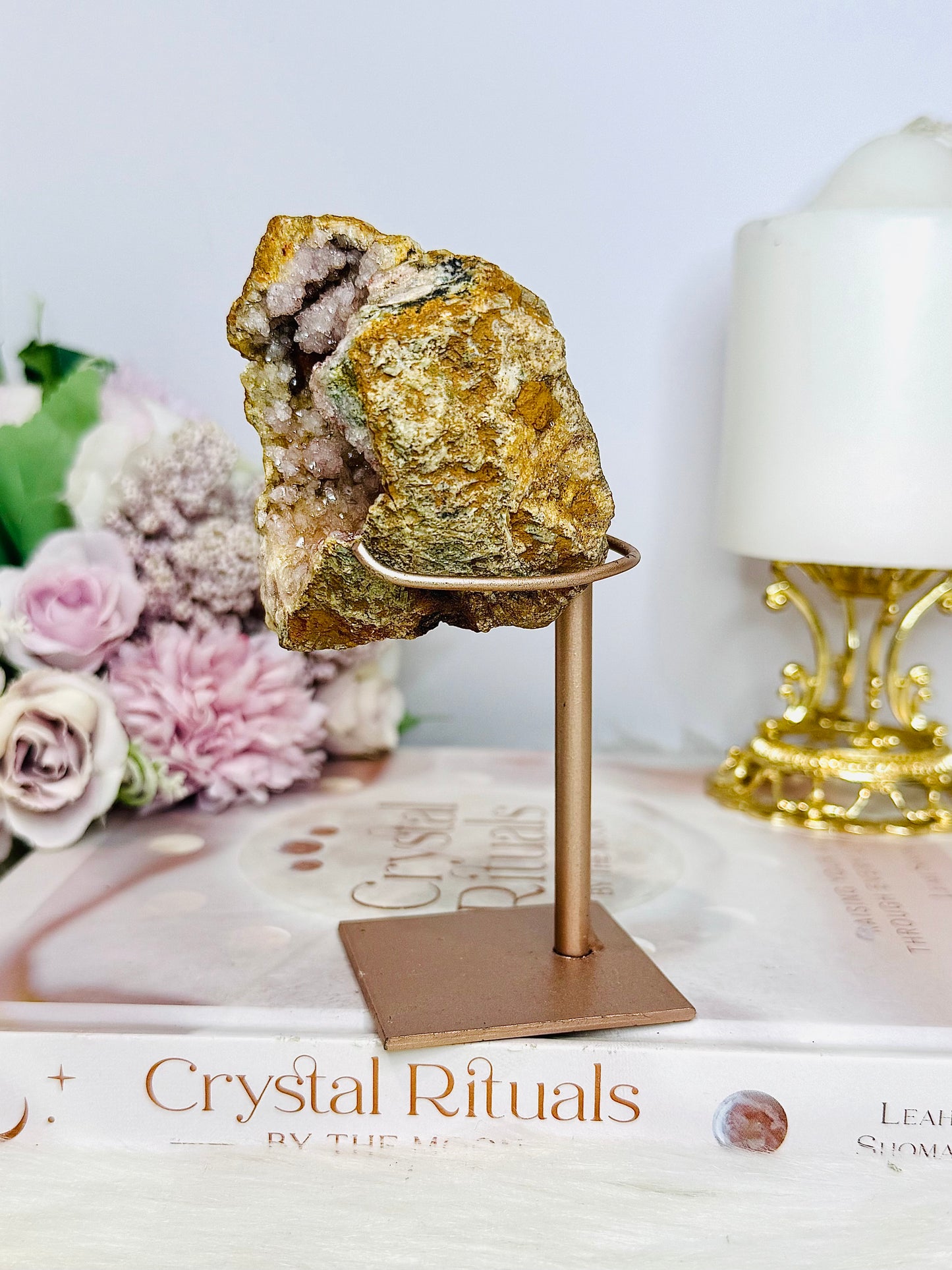 Natural Pink Amethyst Druzy Geode on Rose Gold Stand 13cm