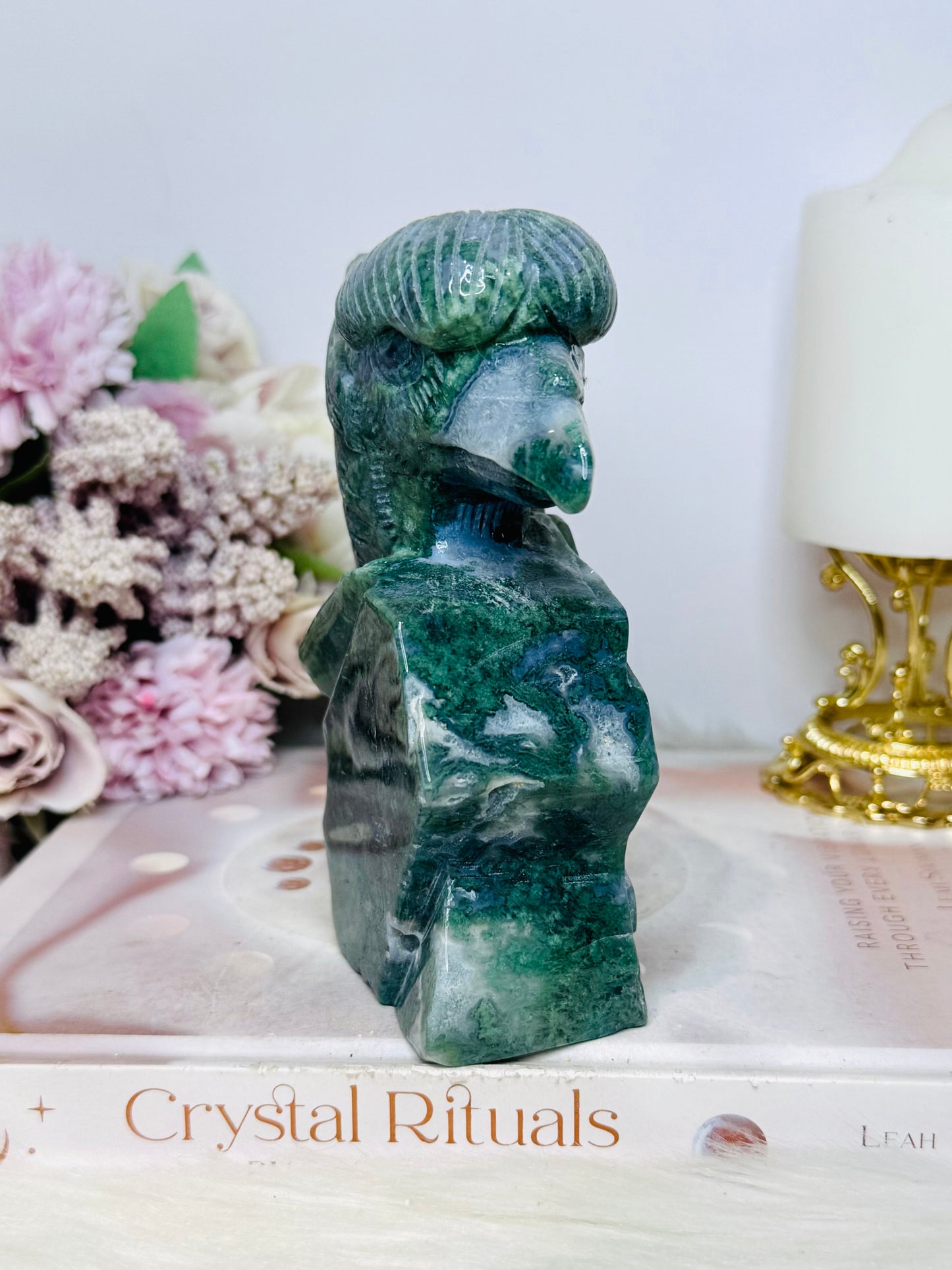 Large Perfectly Carved Moss Agate Eagle 633g 13cm