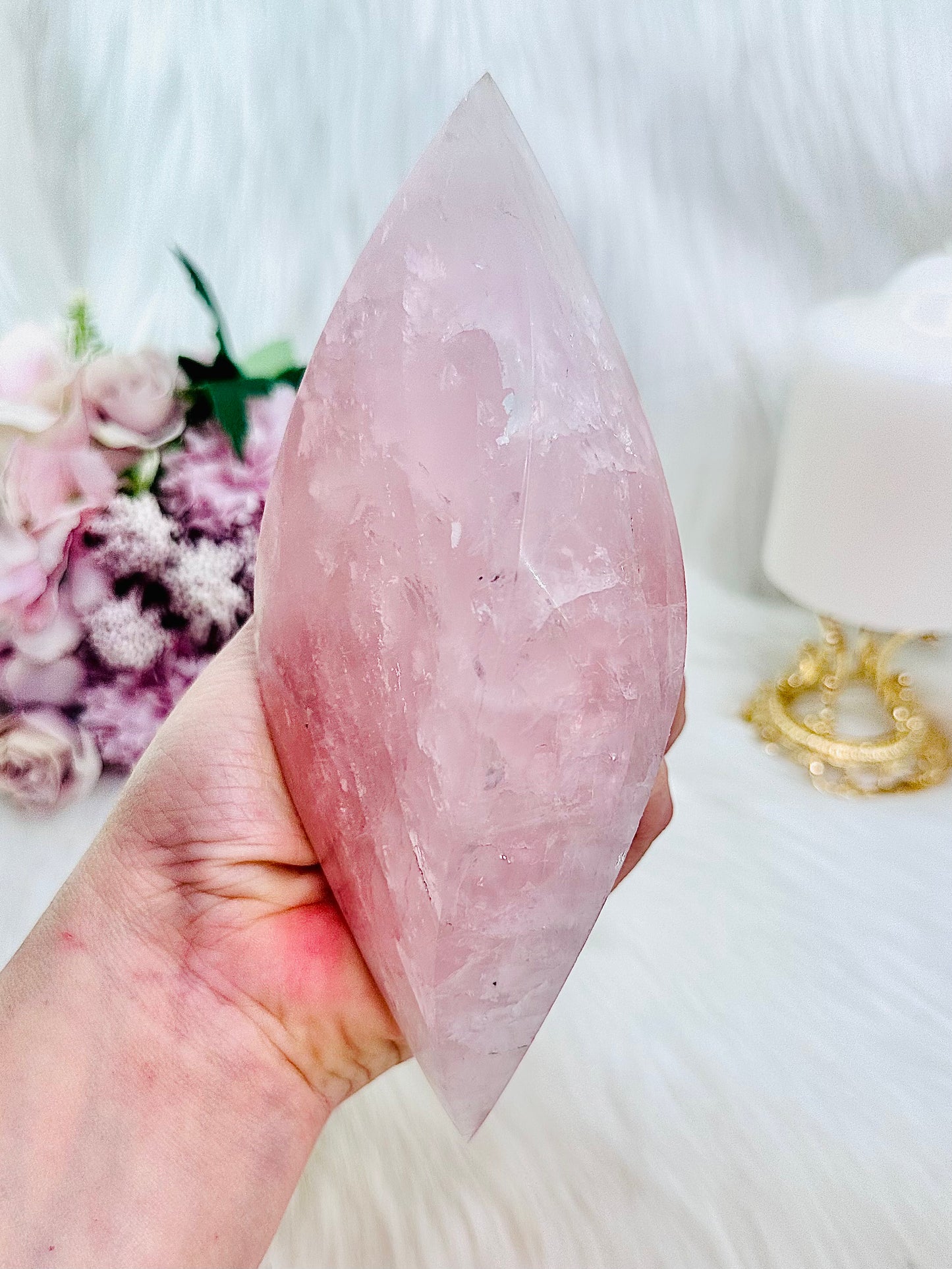 ⚜️ SALE ⚜️ Classy & Absolutely Fabulous Large 28cm Rose Quartz Perfectly Carved Flame with Rainbows On Gold Stand 964grams ~ A Truly Stunning Piece