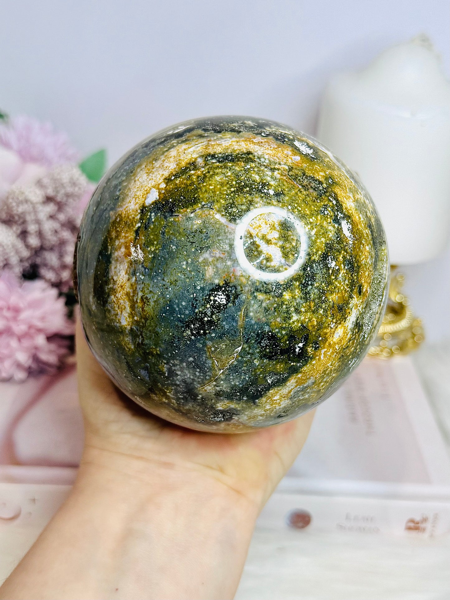 Large Ocean Jasper Orbicular Druzy Sphere On Stand 1.2KG
