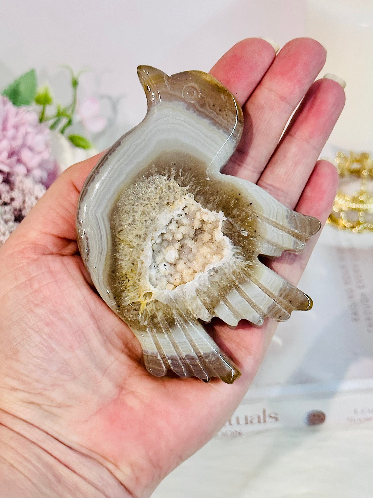 Beautiful Druzy Agate Carved Bird On Silver Stand