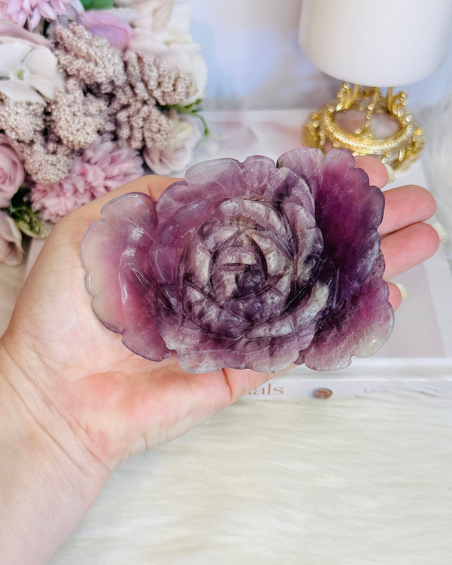 Large Purple Fluorite Carved Flower | Rose 11cm 360gram