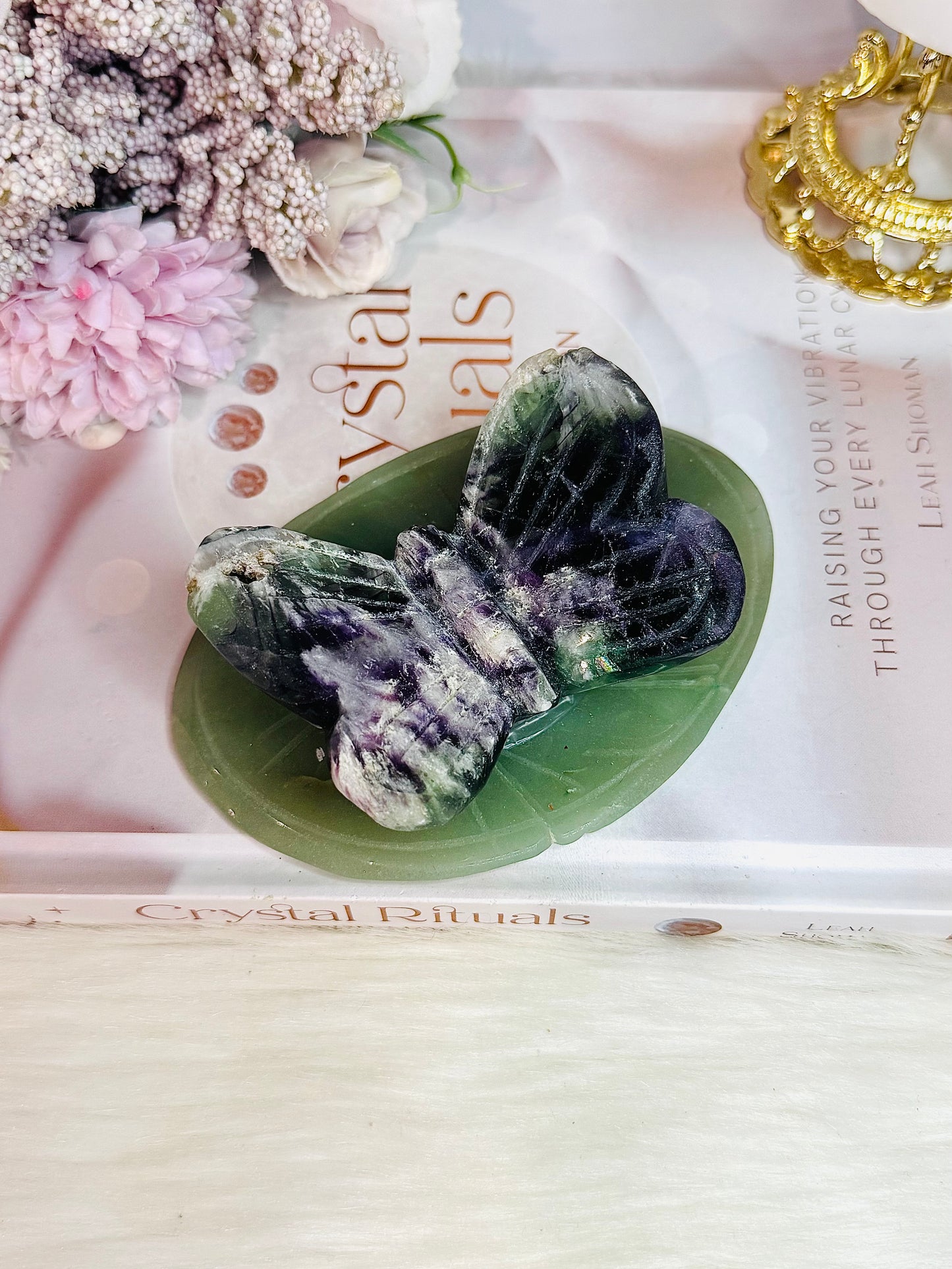 Large Rainbow Fluorite Carved Butterfly On Green Aventurine Lillypad / Leaf 10cm