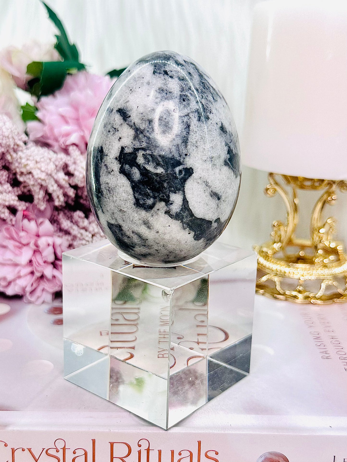 Grey Jasper Polished & Carved Egg On Stand 287gram (glass stand in pic is display only)