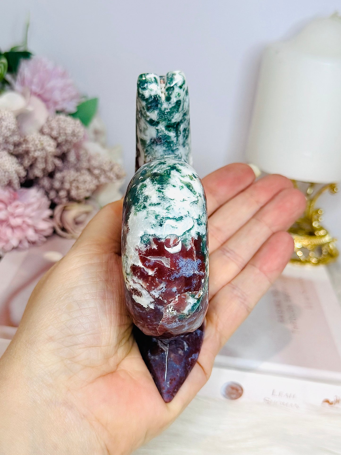 Red & Green Moss Agate Carved Large Snail 14cm