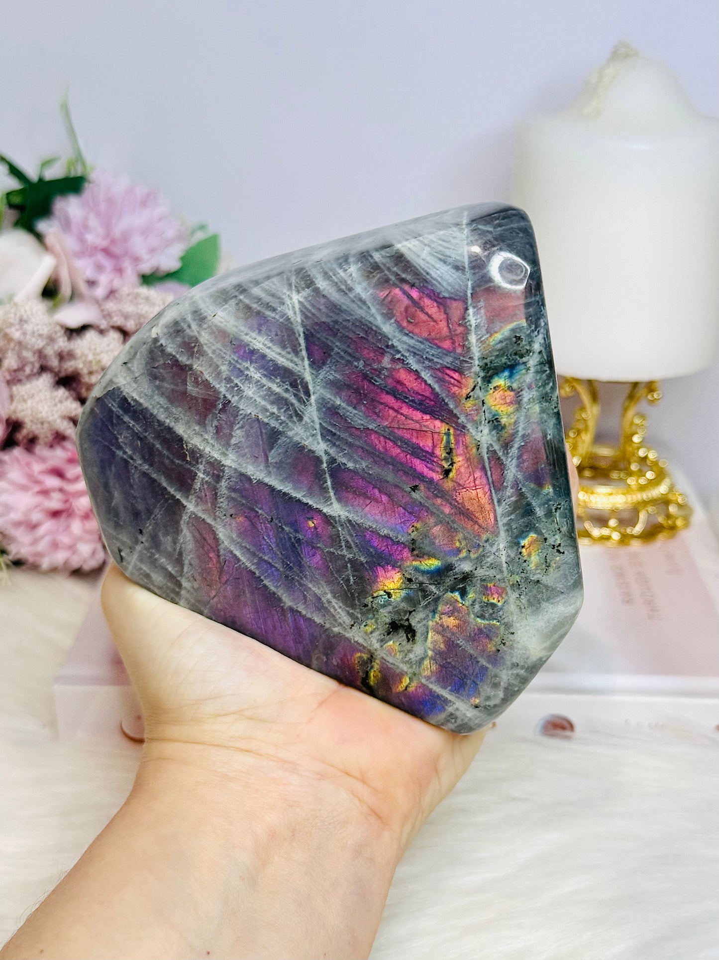 Large Polished Pink & Purple Flash Labradorite Freeform 904g