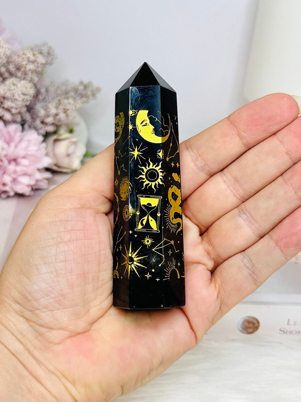 Black Obsidian Gold Sun & Moon Tower 10cm