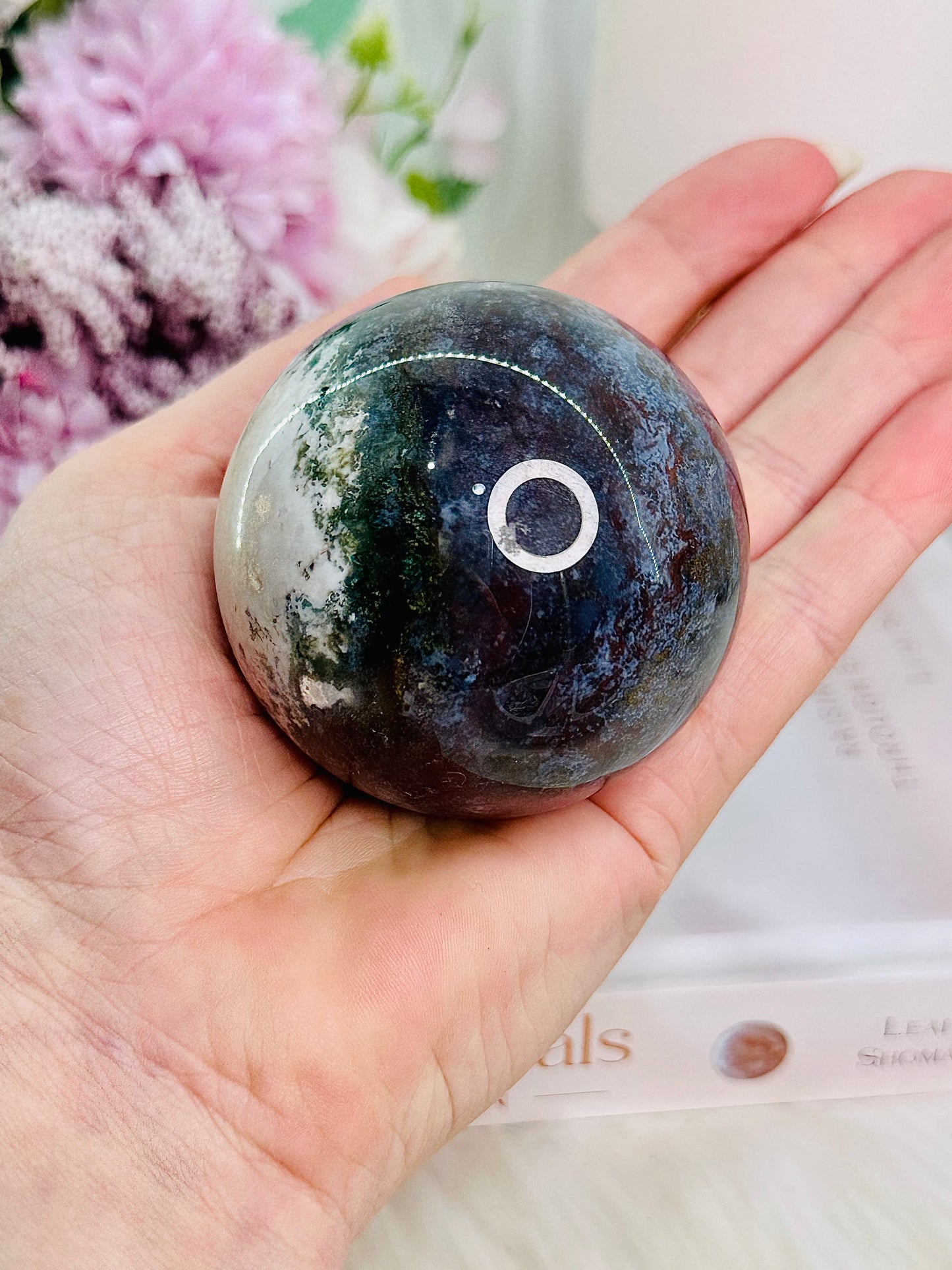 Peace & Tranquility ~ Beautiful Moss Agate Sphere On Stand 291grams (Glass stand in pic is display only)