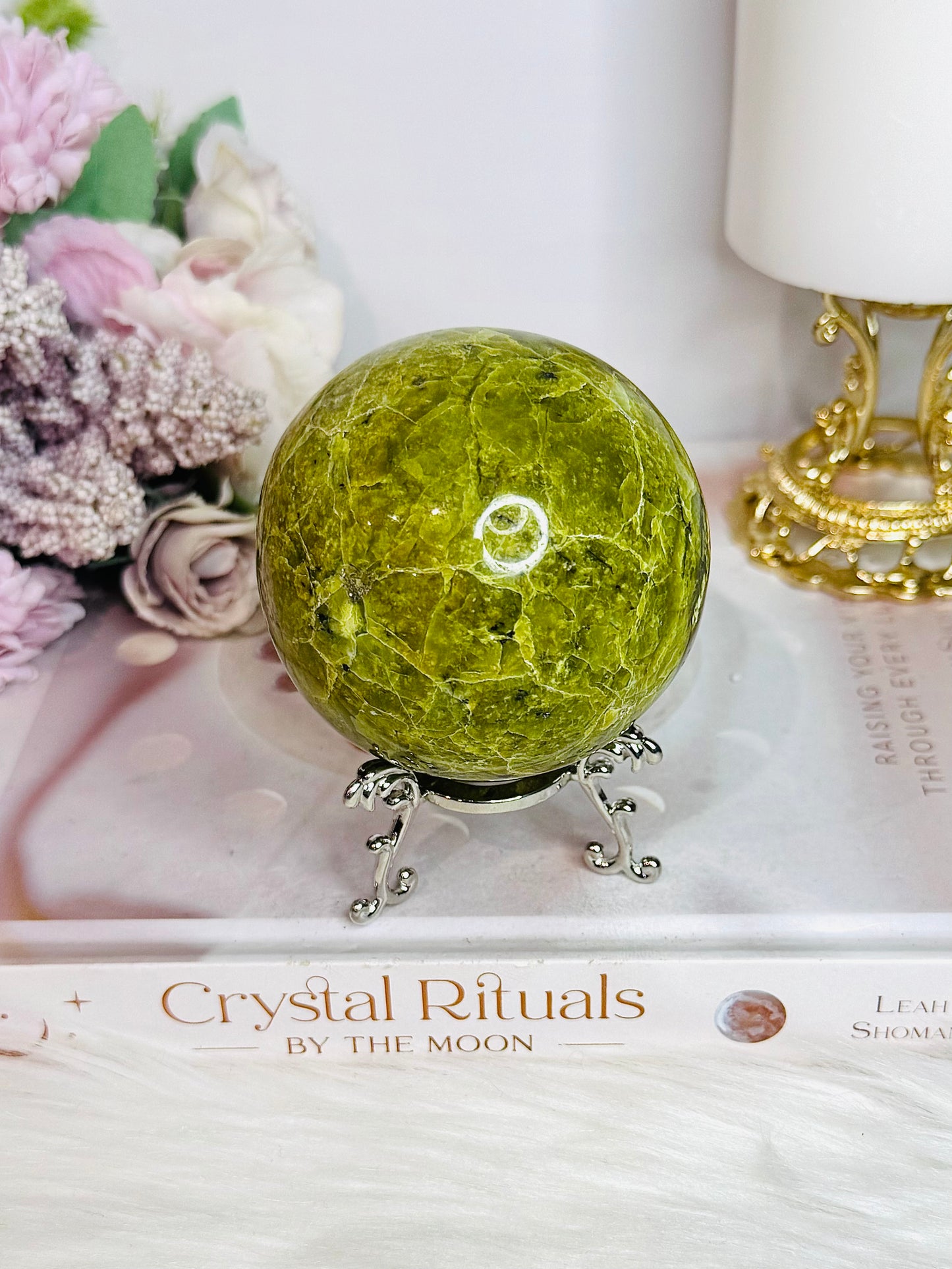 Large Green Opal Sphere On Stand 376g