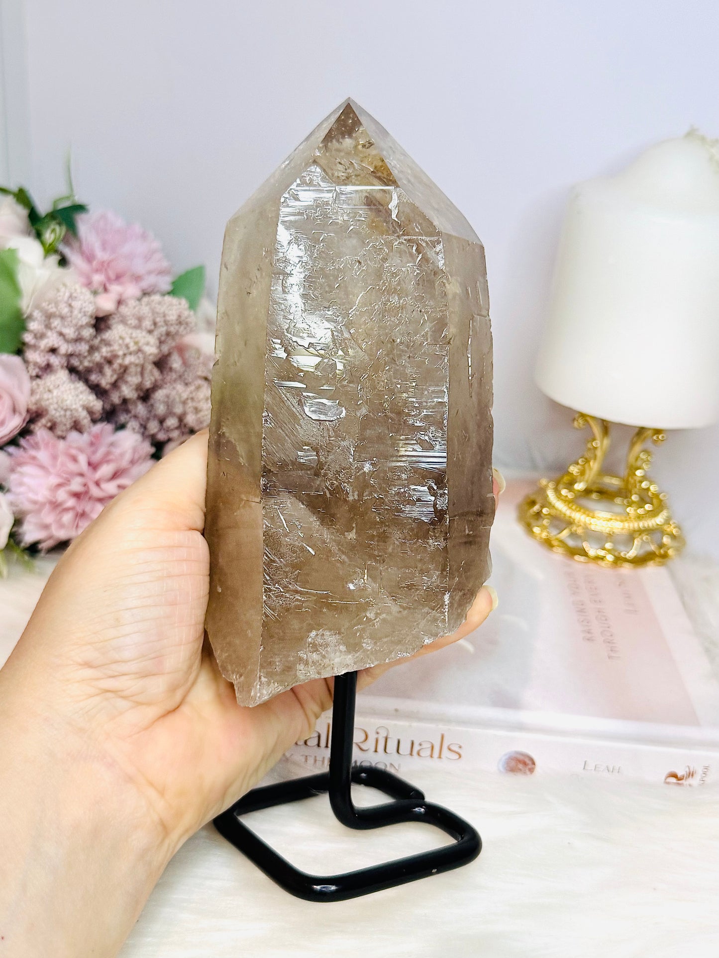 Large Natural Lemurian Smokey Quartz Tower | Freeform on Stand 21cm 1.01KG