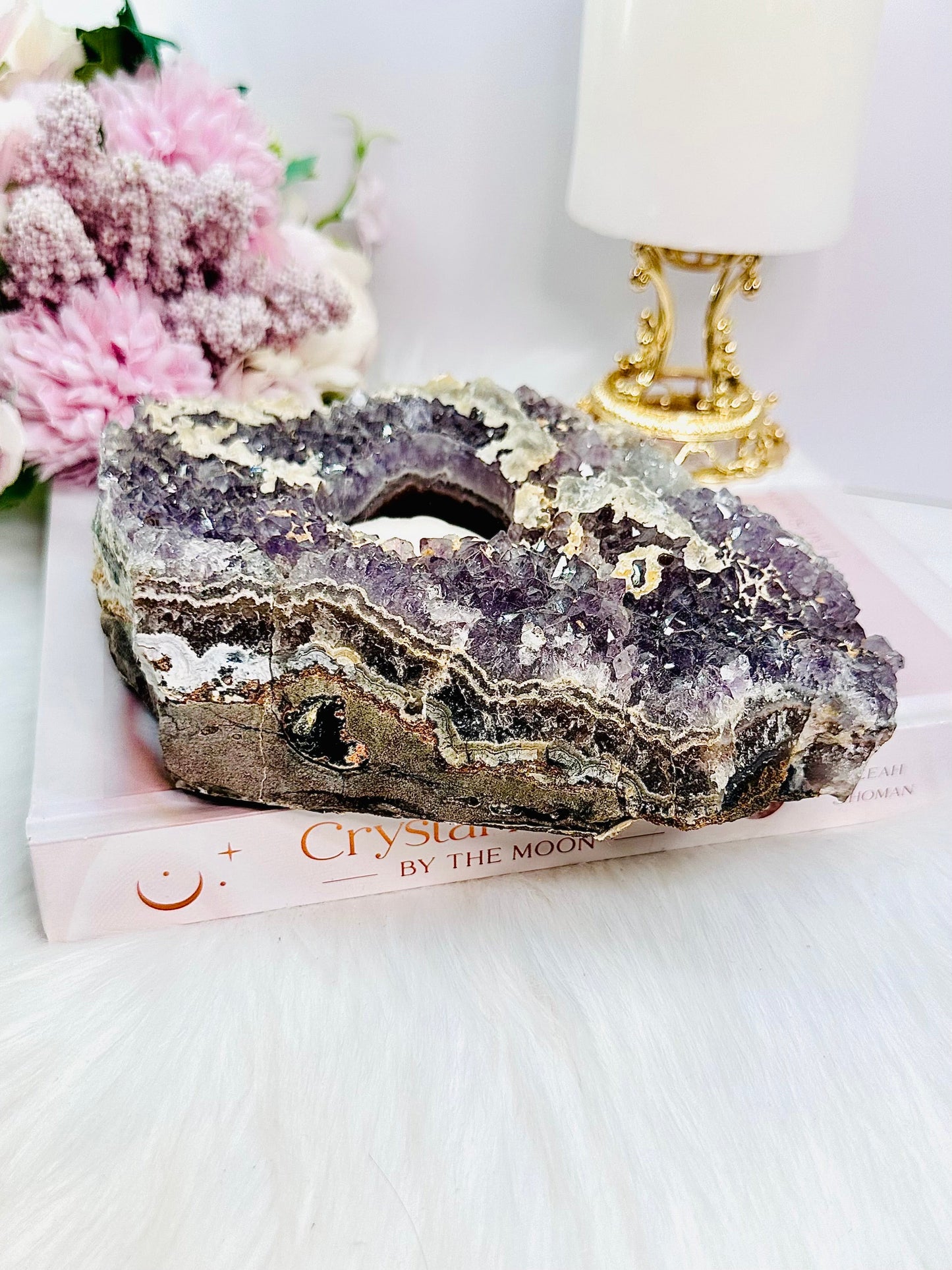 Large 1.26KG 20cm Amethyst Cluster Candle Holder With Calcite Inclusions From Brazil