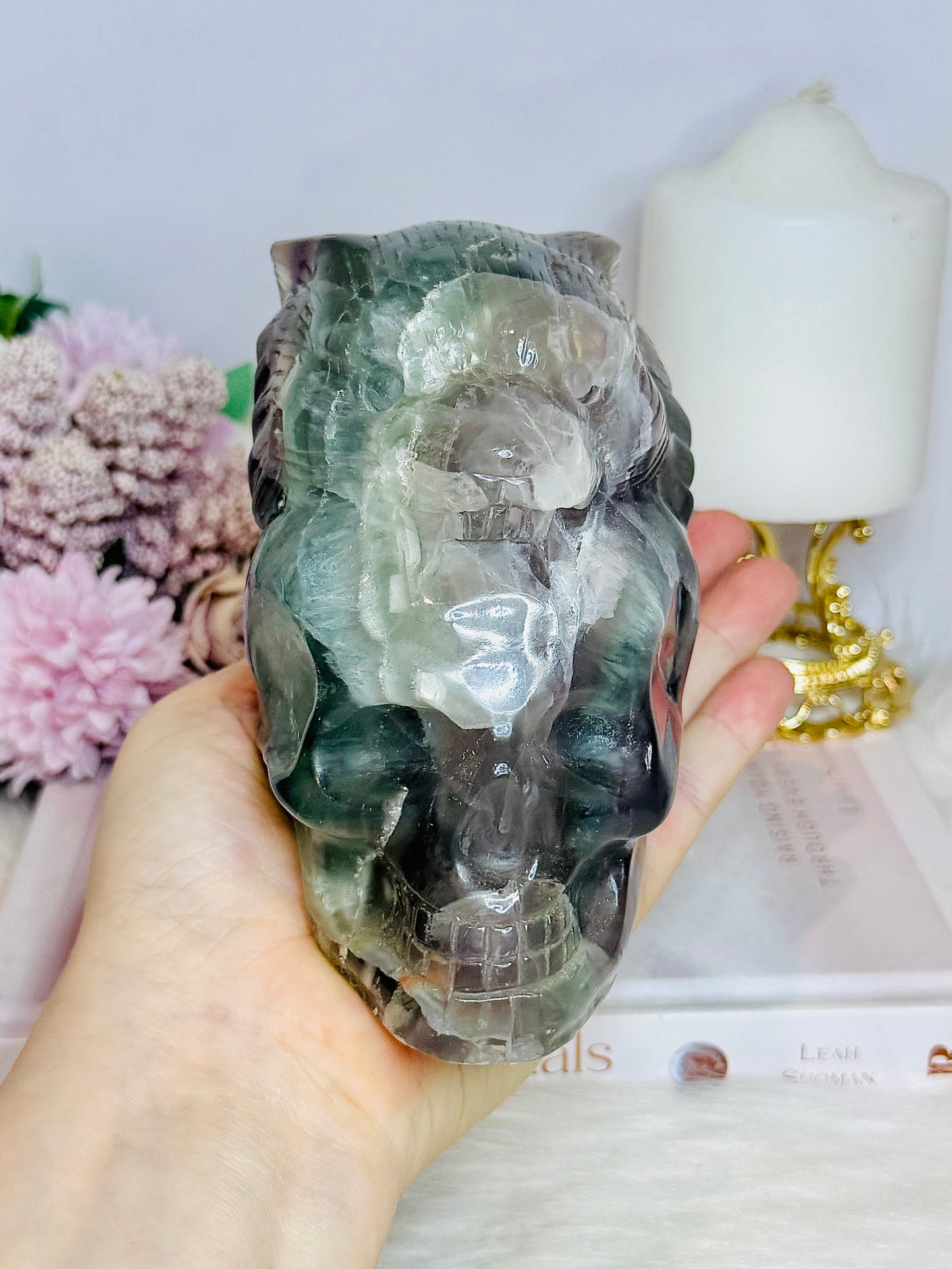 Large Fluorite Carved Skull with Bear Head 1.68KG