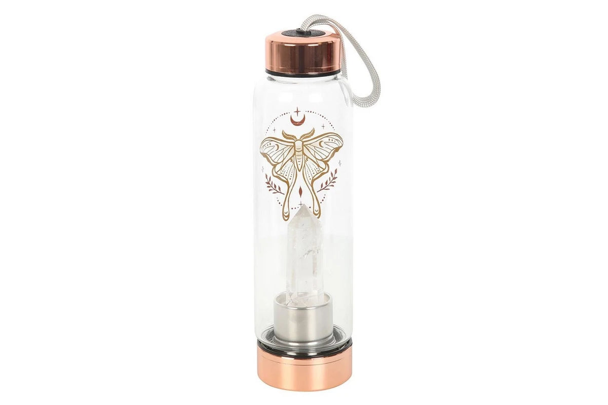 Luna Moth Glass Water Bottle with Clear Quartz Crystal