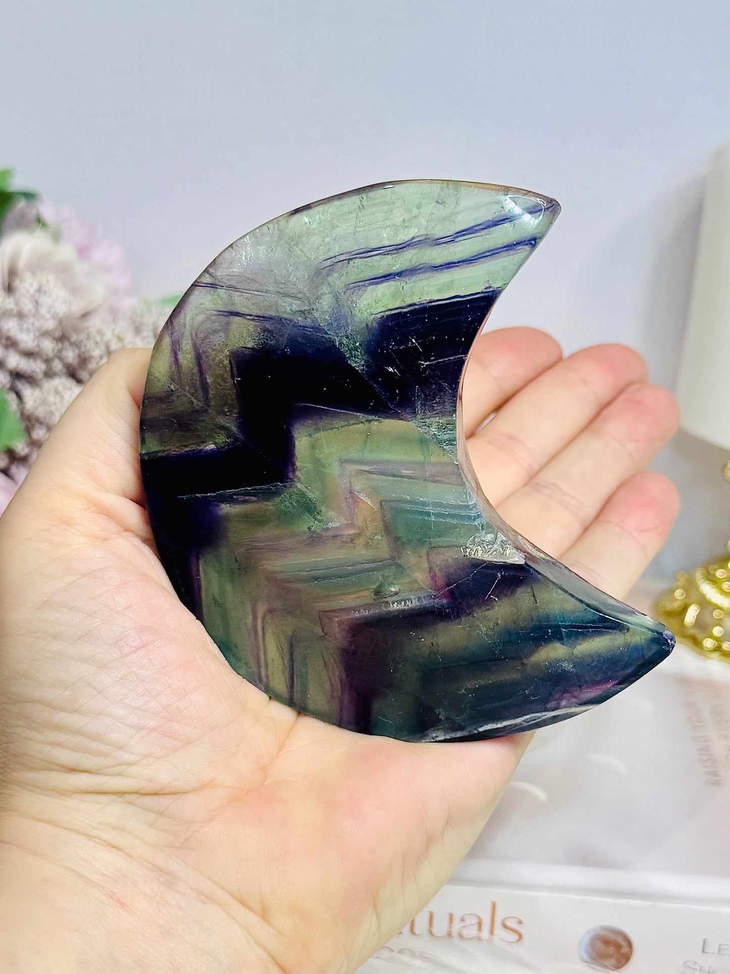 Large Rainbow Fluorite Moon 9.5cm On Stand (reduced moon has chip)