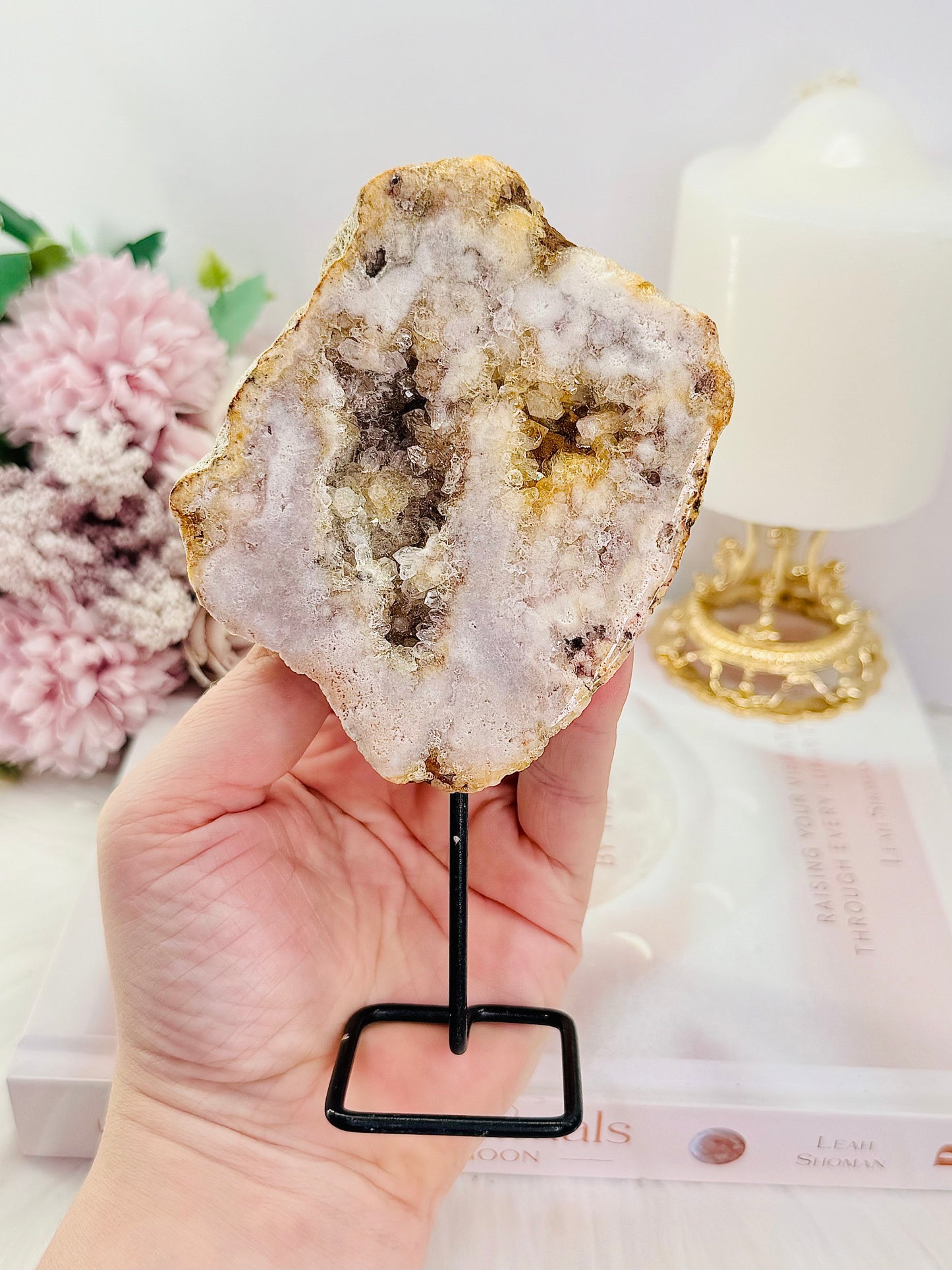 Natural 15cm Tall Pink Amethyst Druzy Slab On Stand