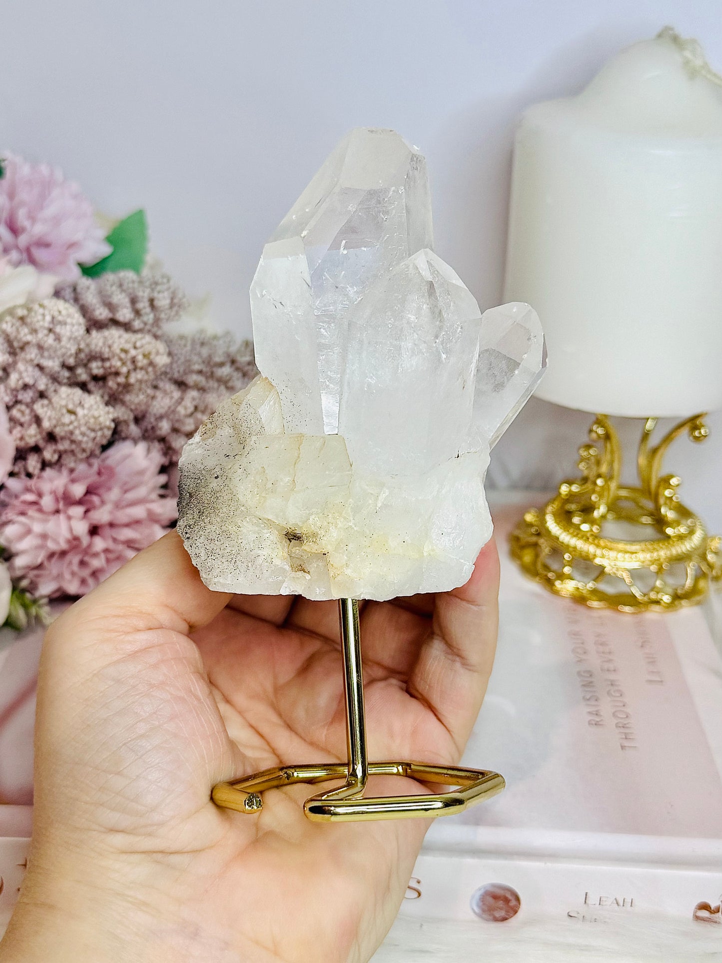 Clear Quartz Cluster on Gold Stand 13.5cm