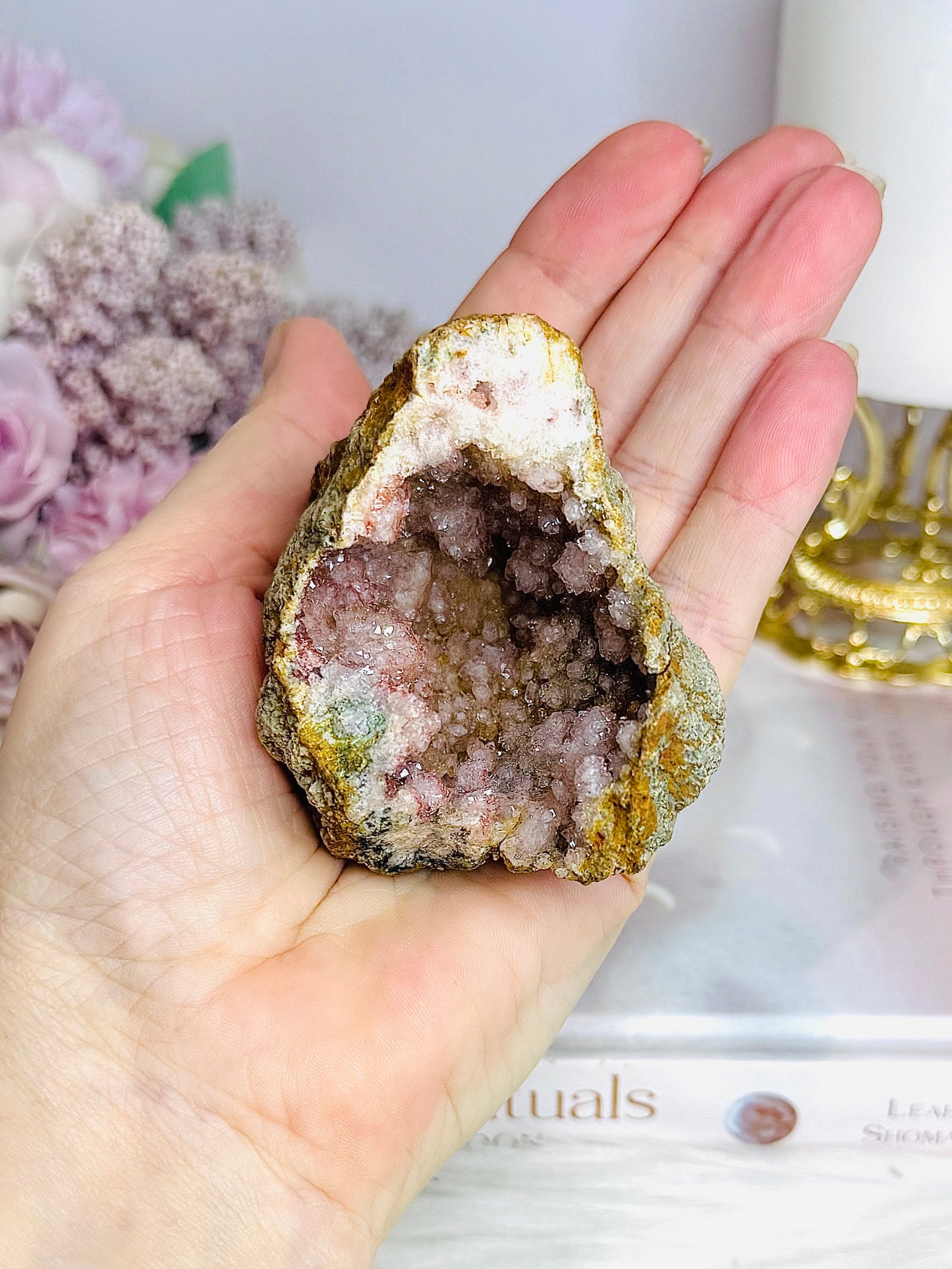Natural Pink Amethyst Druzy Geode on Rose Gold Stand 13cm