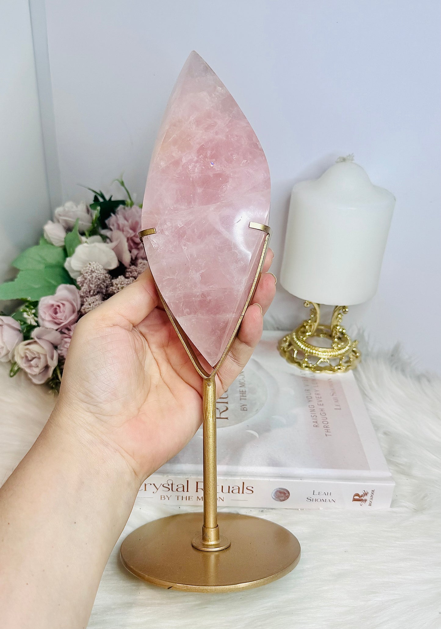 Large Rose Quartz Perfectly Carved Flame On Gold Stand 1.05KG 28cm