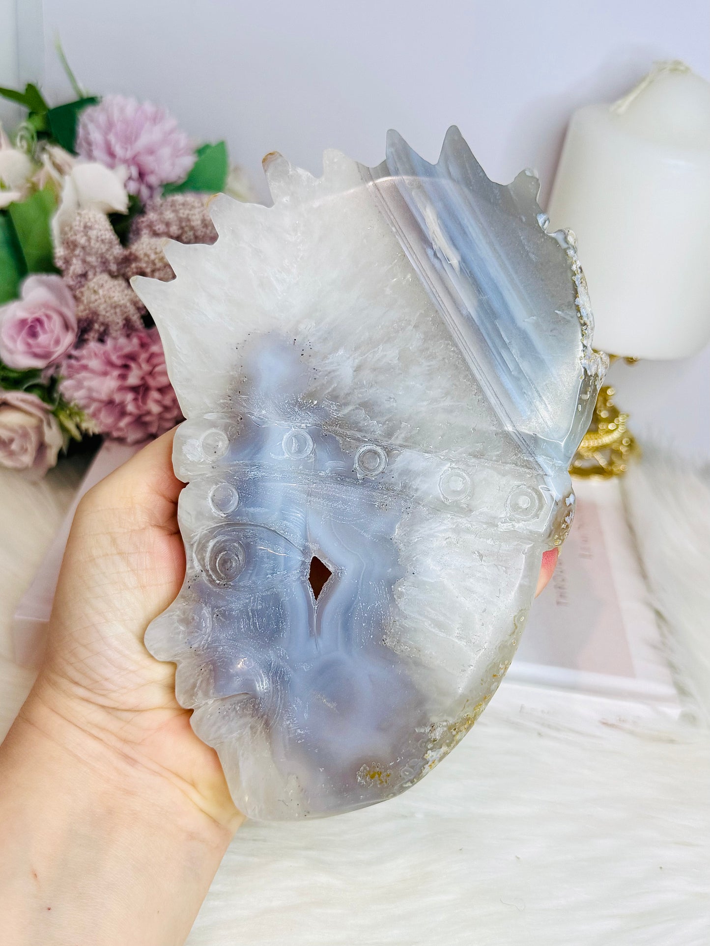 Large Druzy Agate Carved Indian Head On Stand 17cm