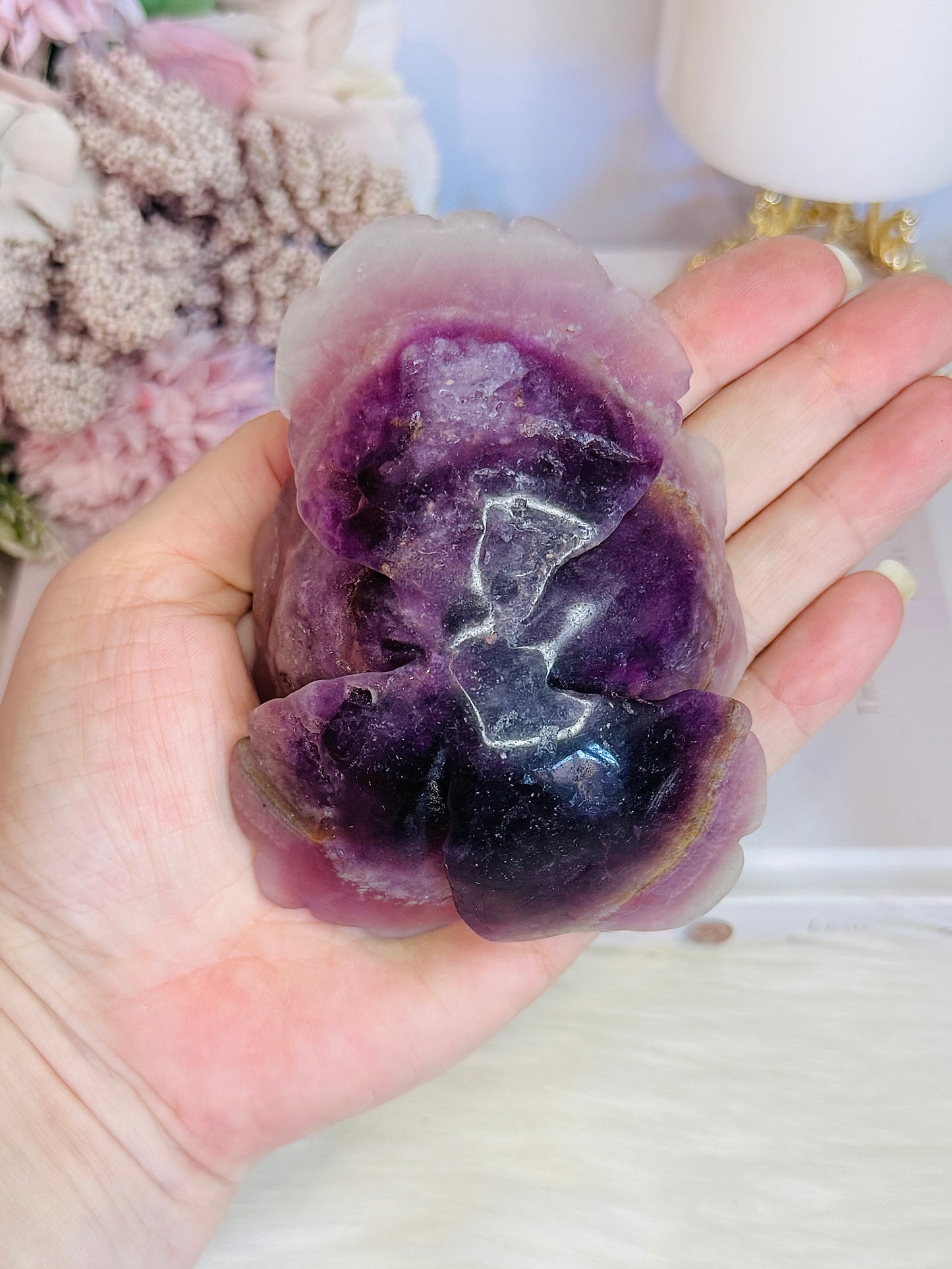Large Purple Fluorite Carved Flower | Rose 11cm 360gram