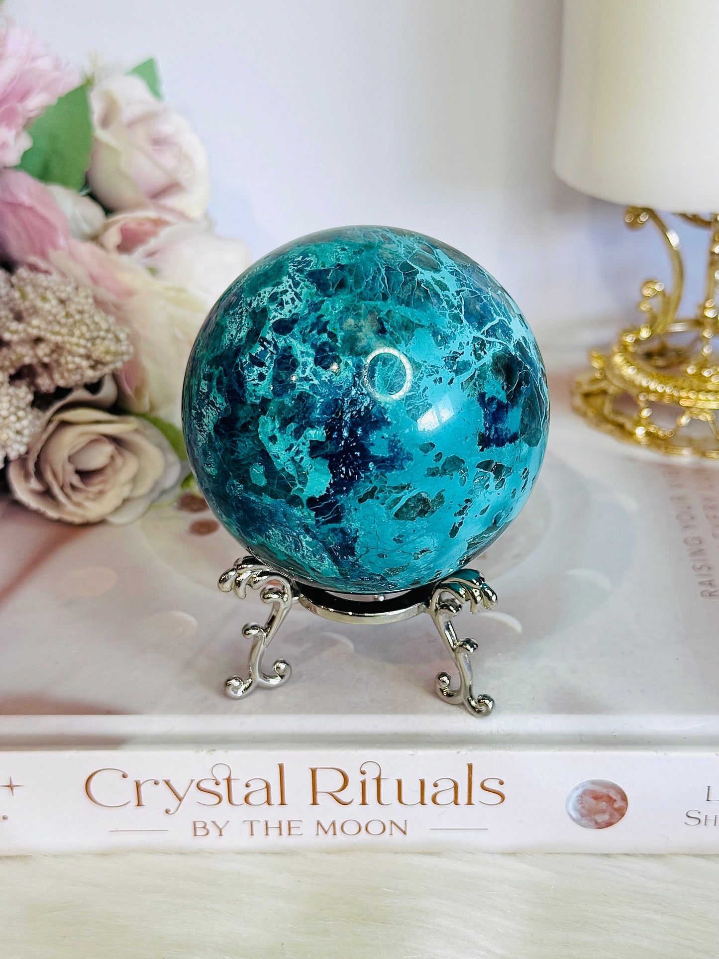 Absolutely Incredible High Grade Chrysocolla Sphere on Stand 399grams